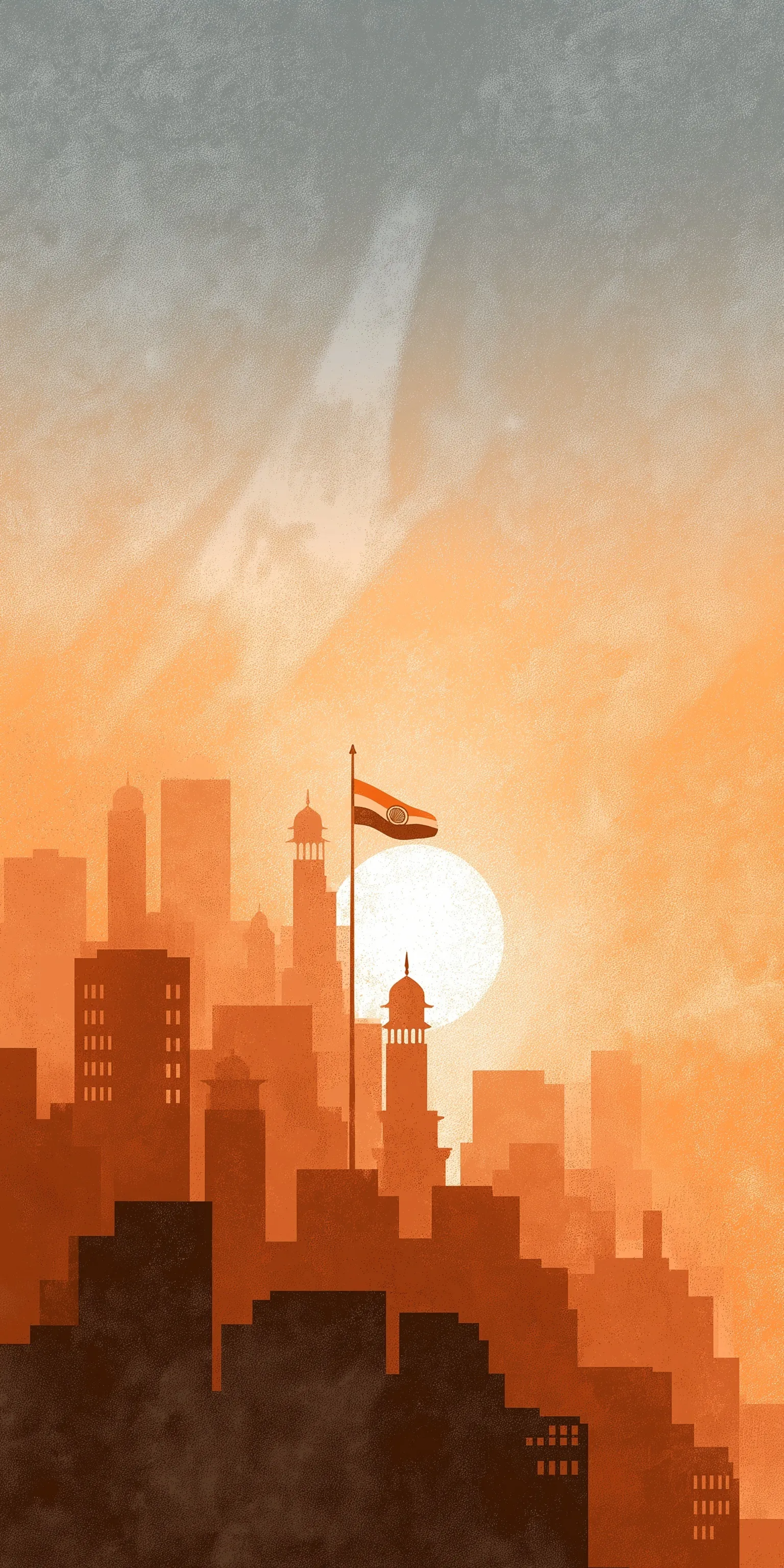Minimalist Indian flag illustration with architectural skyline silhouette on a warm rustic textured background.
