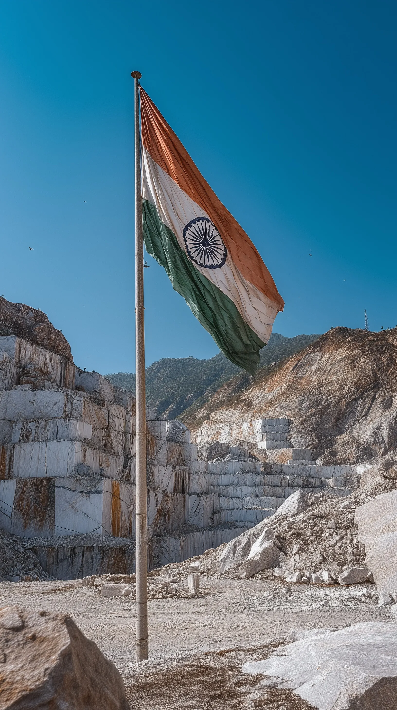 Indian flag with Ashoka Chakra waving against a bright blue sky and white marble quarry background, 4K HD.