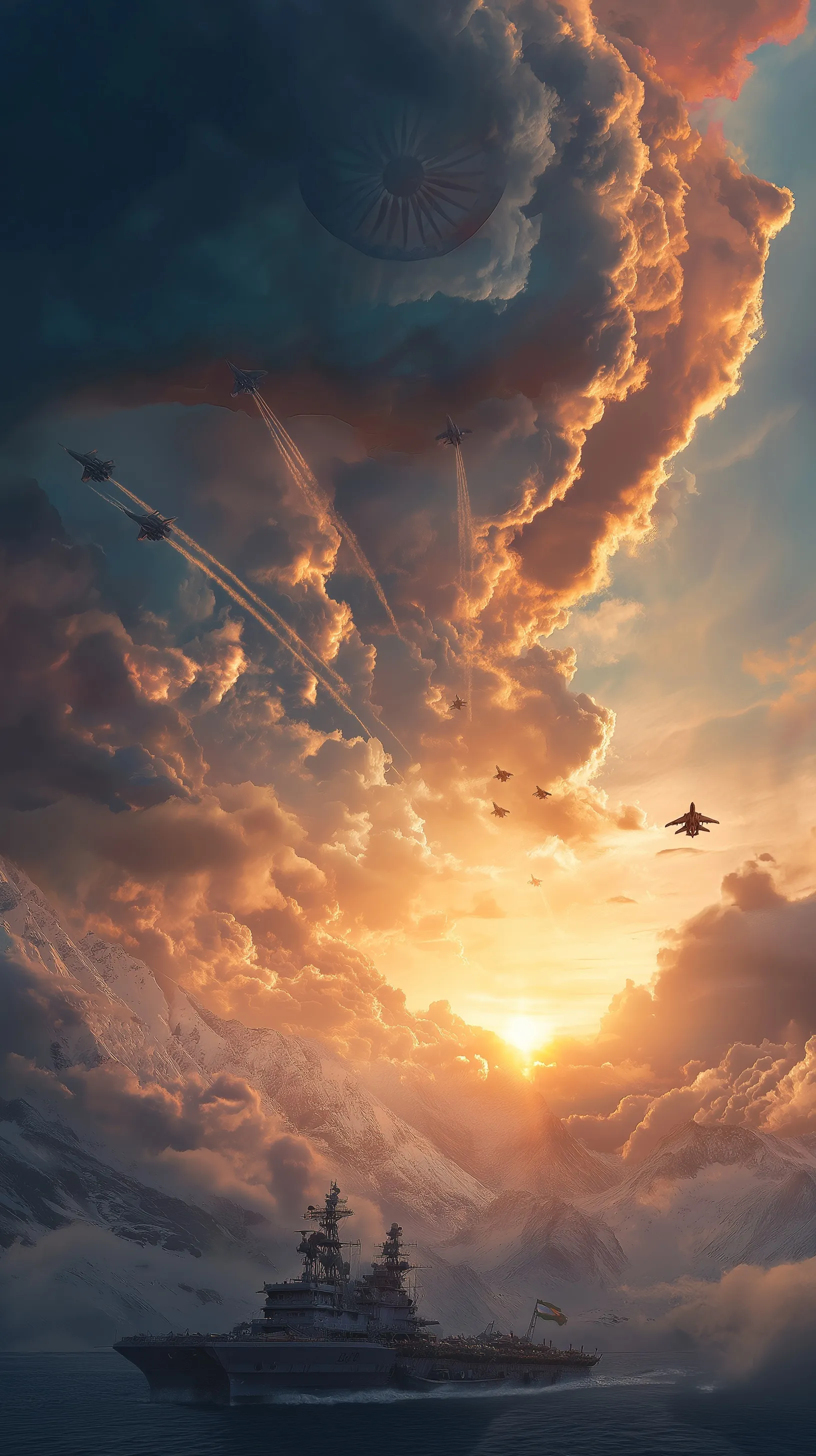 Panoramic view of Indian Armed Forces united under a glowing Indian flag in a dramatic, cinematic golden sky.