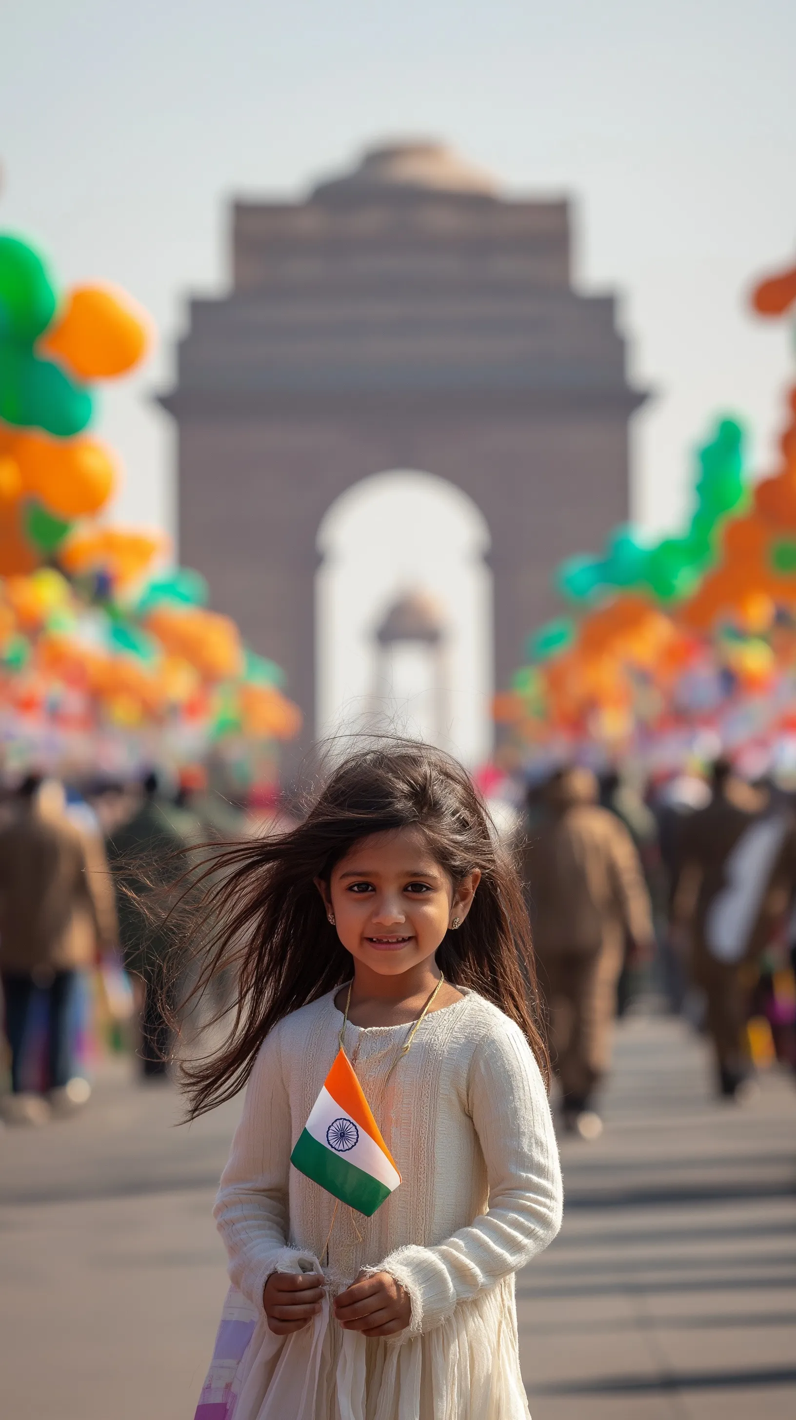 A smiling 6-year-old girl in Indian traditional dress holding an Indian flag in front of the India Gate.