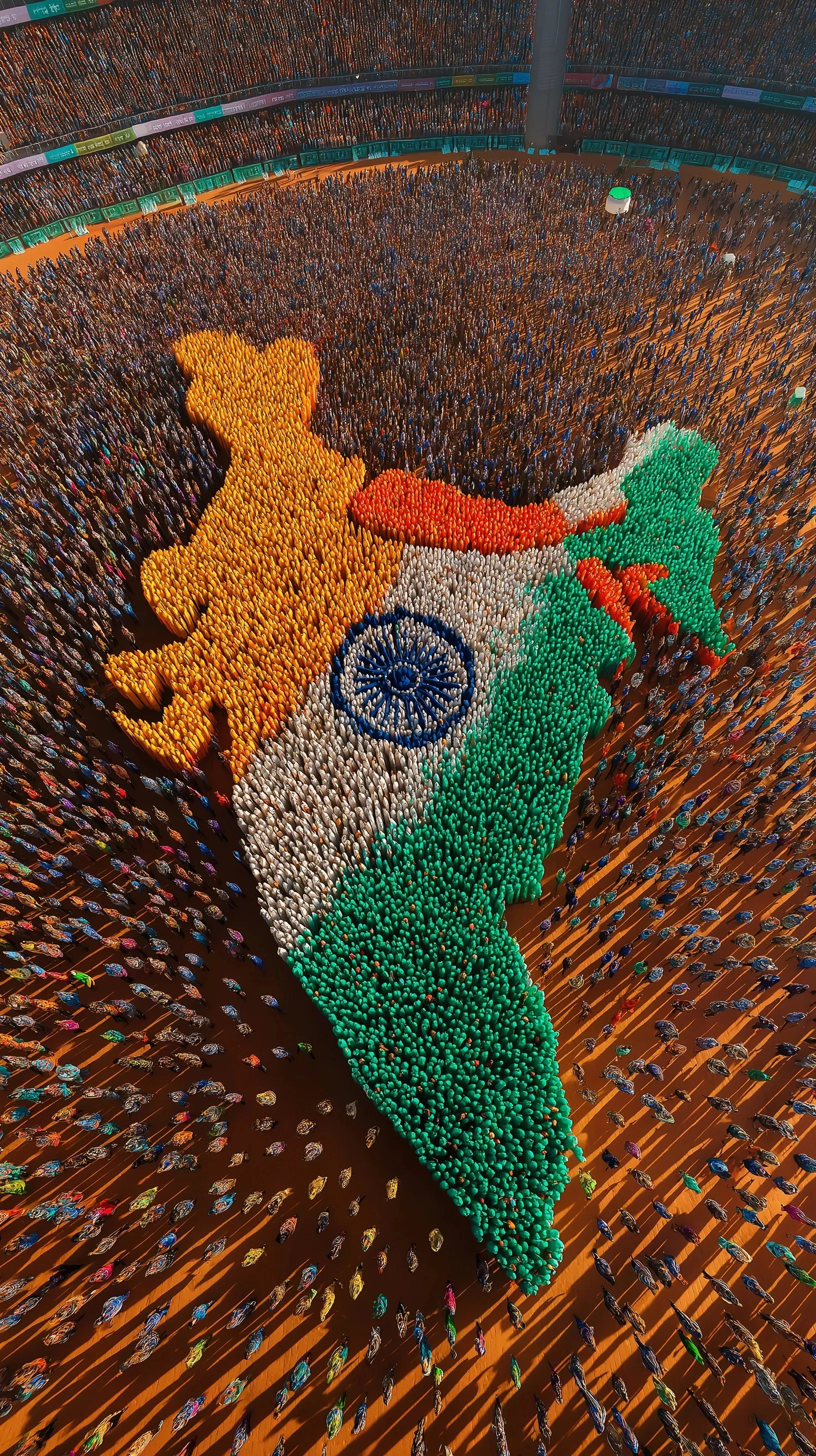 Aerial view of a massive crowd forming a photorealistic Indian flag map in a stadium under golden sunlight.