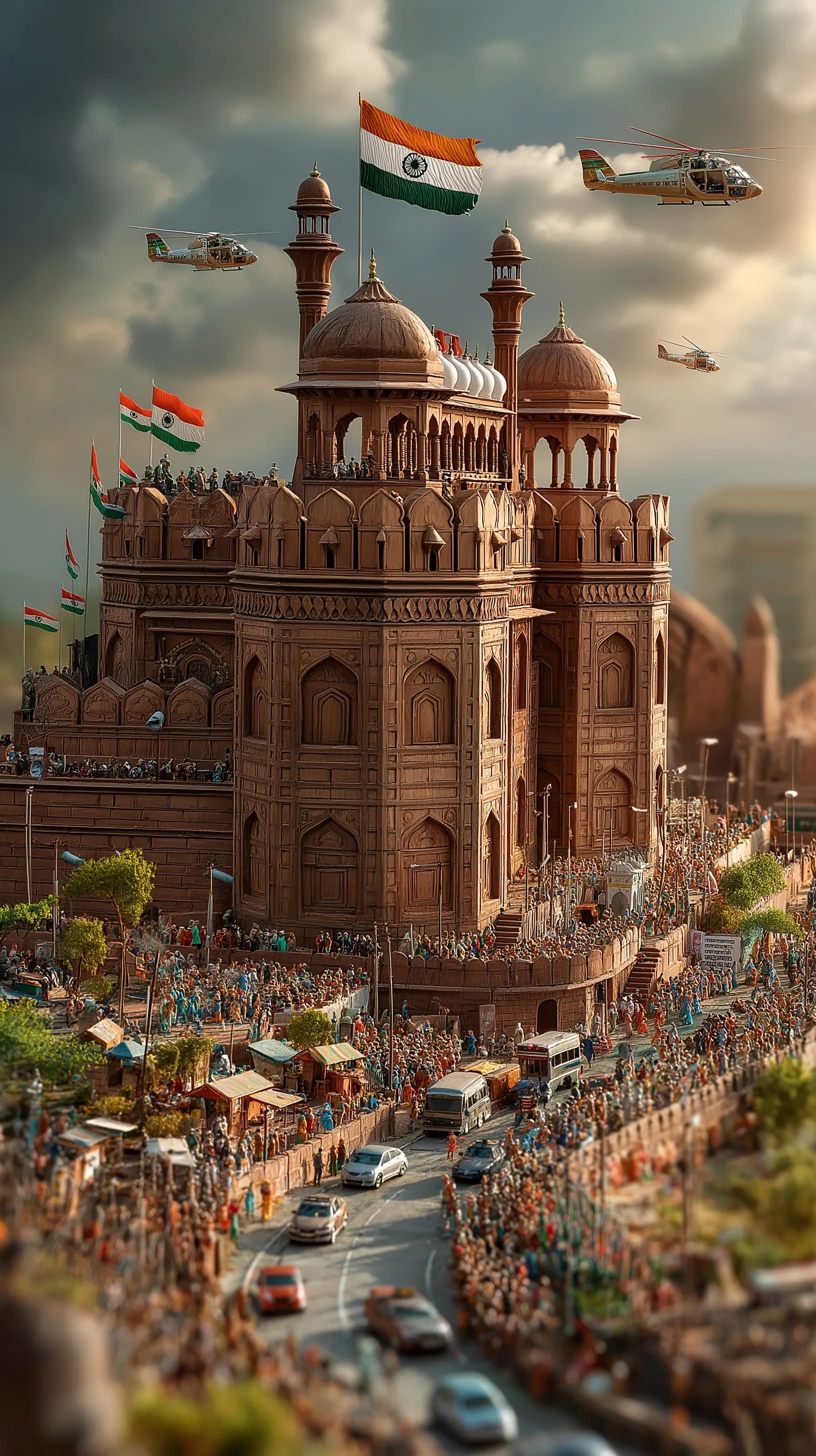 Miniature Red Fort diorama with tiny people, vehicles, and a prominent Indian flag flying in a festive scene.