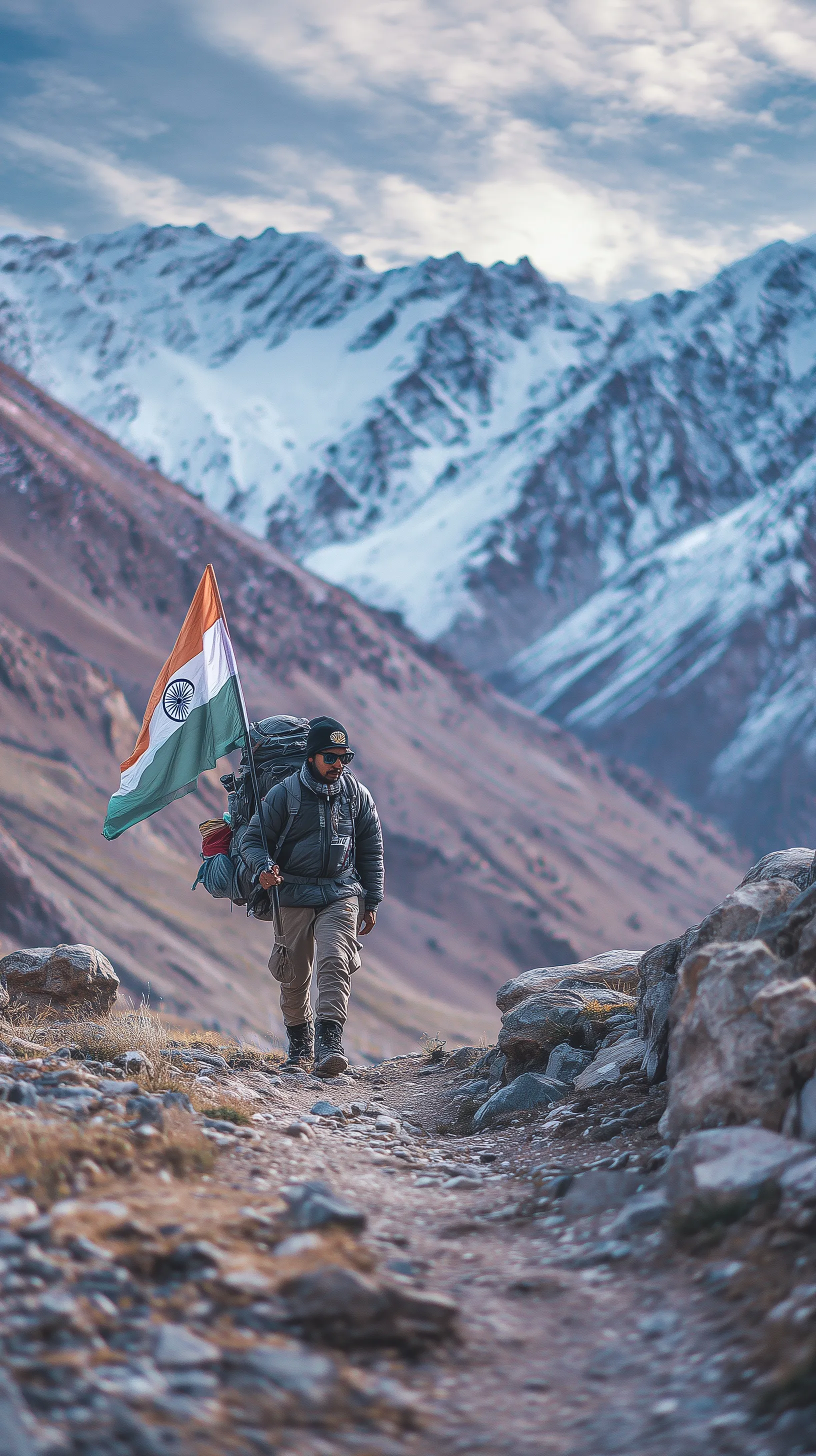 A proud traveler trekking through Ladakh mountains while carrying the Indian national flag under a dramatic sky.