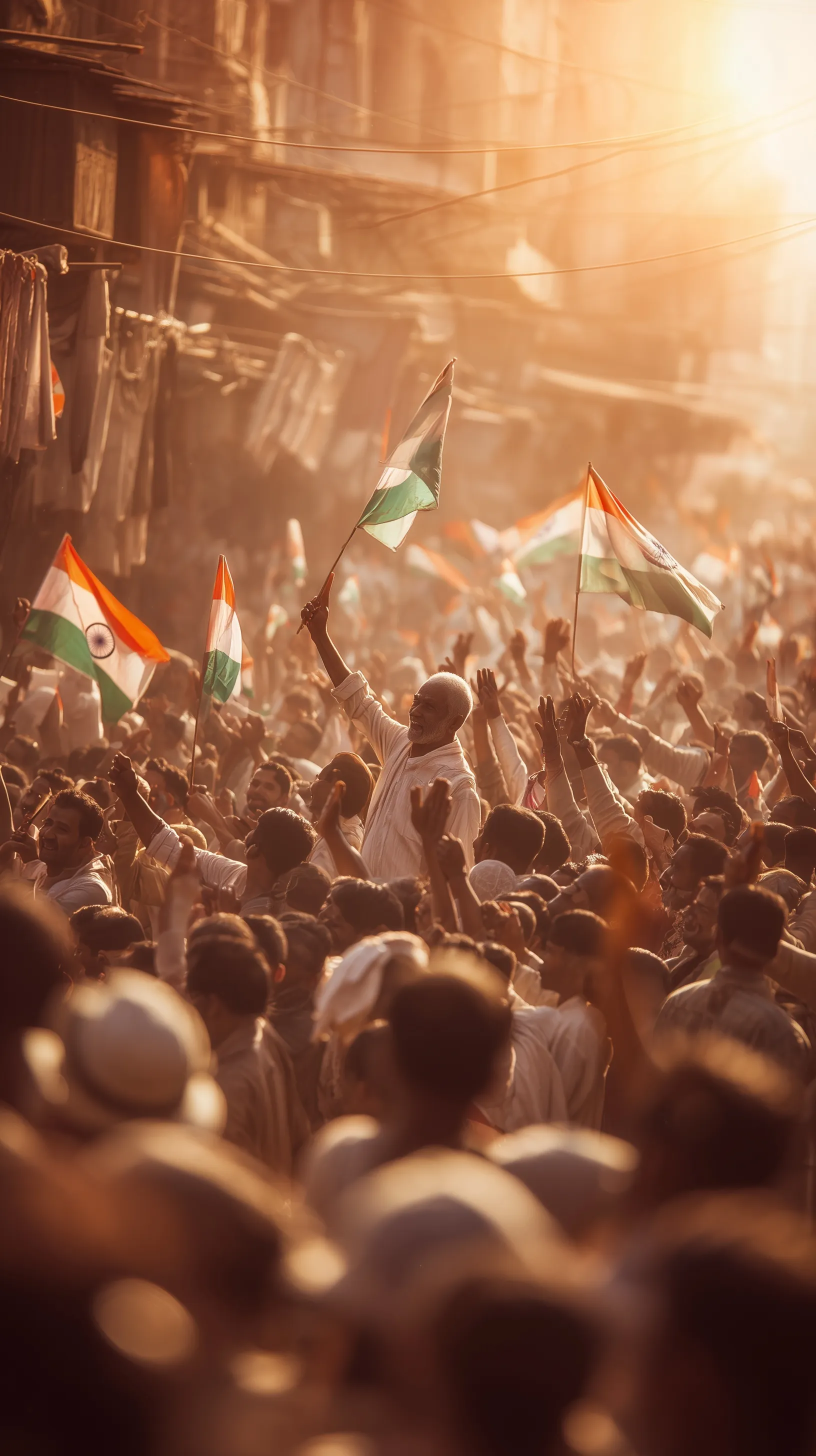Diverse crowd celebrating Indian Independence Day 1947 with waving Indian tricolor flags in sunlight.