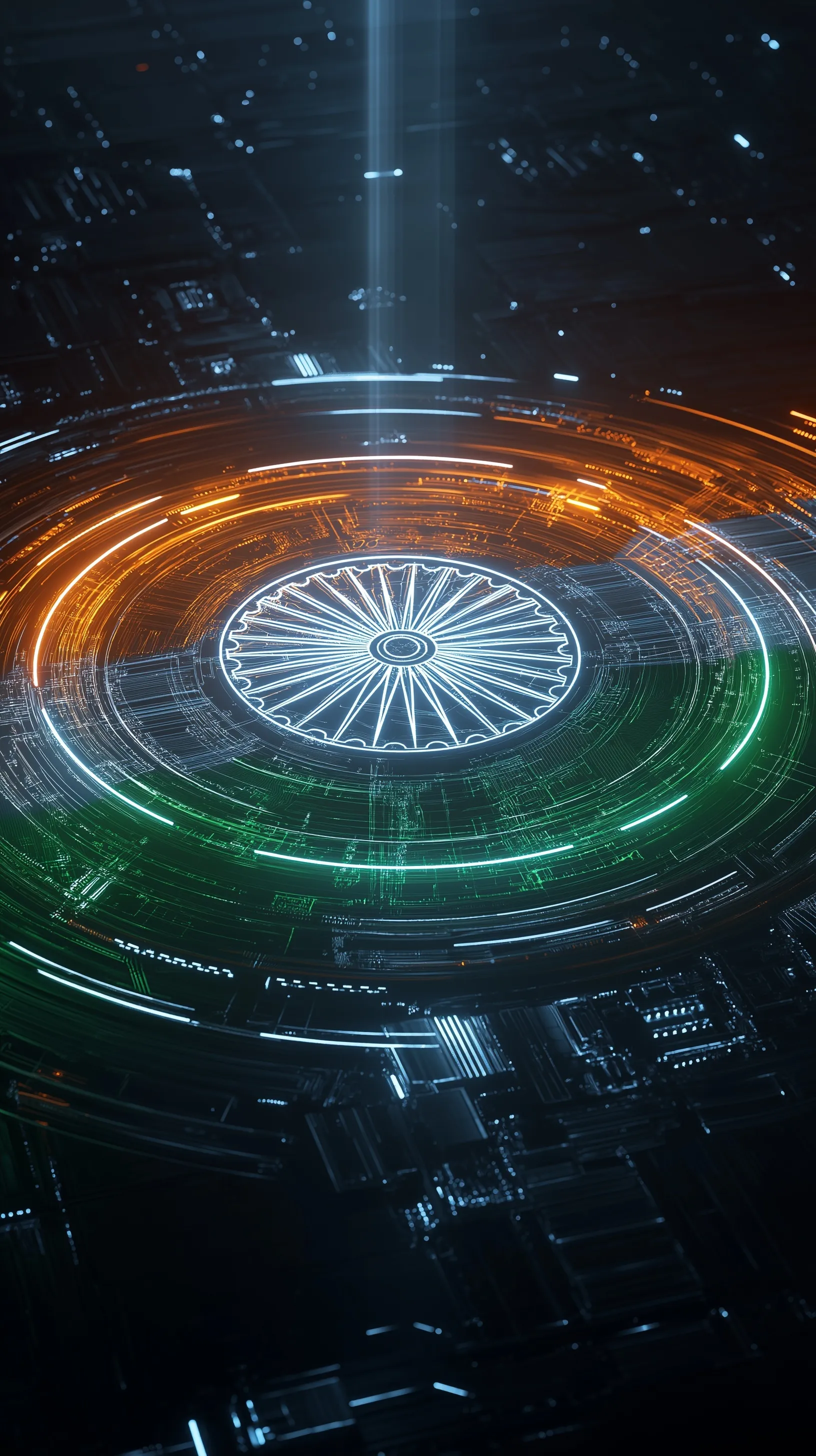 A futuristic 3D holographic Indian flag with glowing saffron, white, and green light beams on a dark sci-fi background.