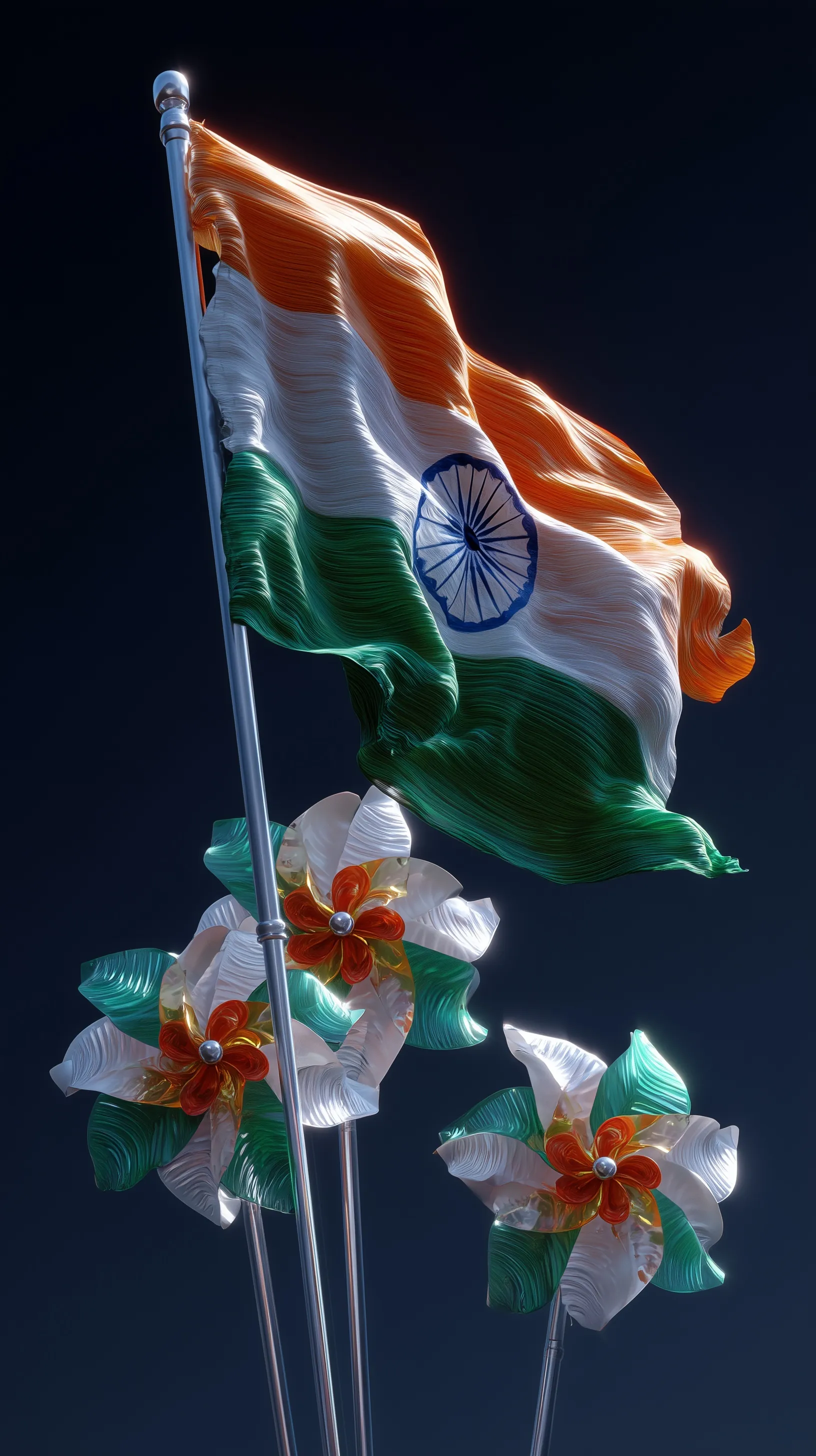 Indian flag waving on a pole with tricolor pinwheels against a dramatic black background, 4k high quality.