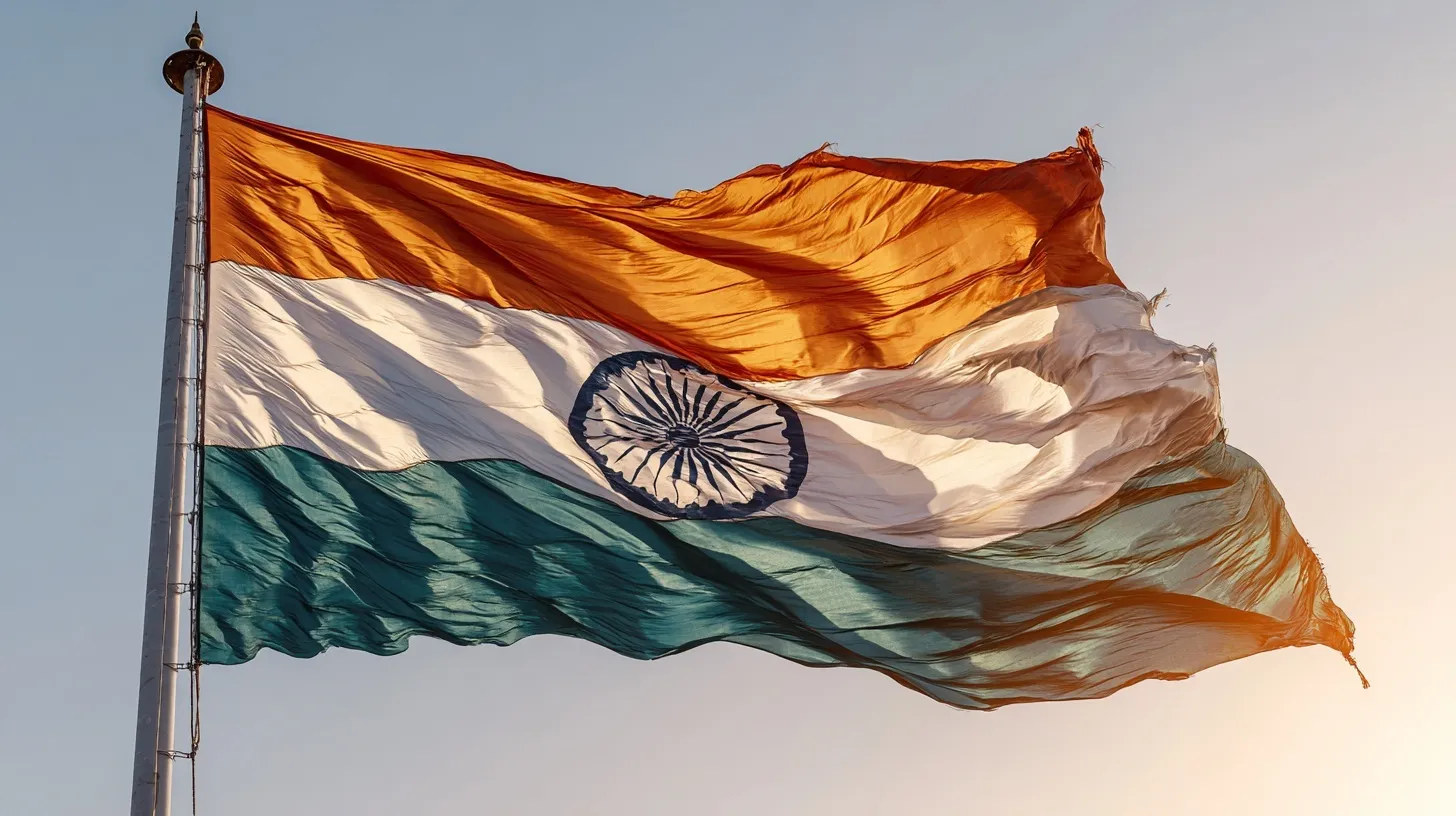 Indian flag waving horizontally against a clear blue sky, symbolizing national pride and patriotism.