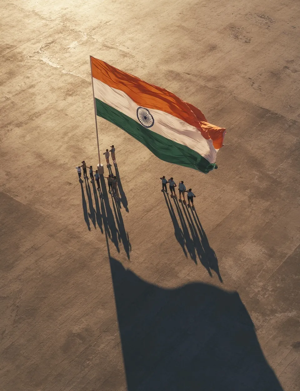 Aerial view of a large Indian flag waving on a rooftop with people saluting during a golden morning.