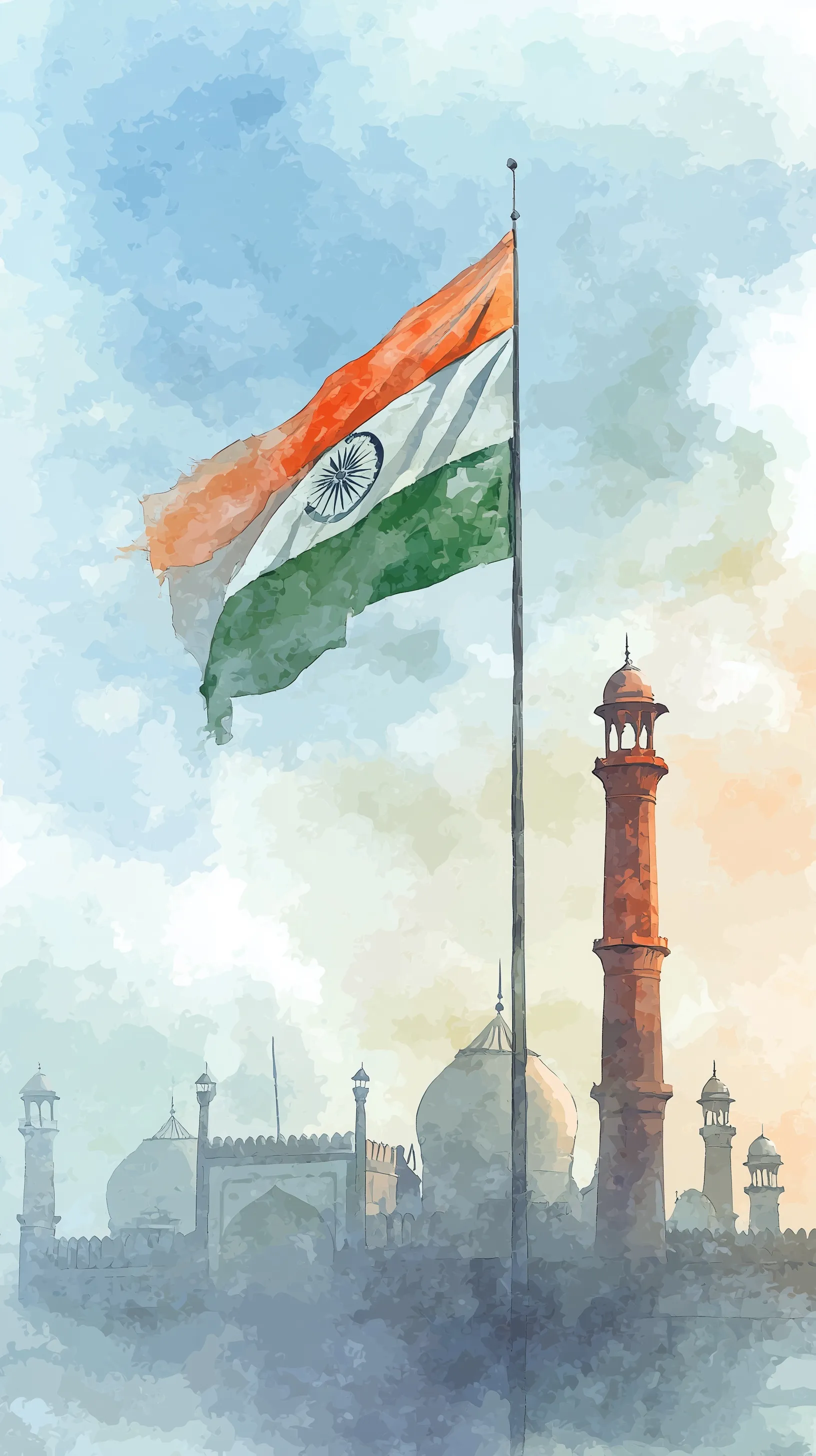 Watercolor illustration of the Indian flag waving against a silhouette of iconic New Delhi historical monuments.