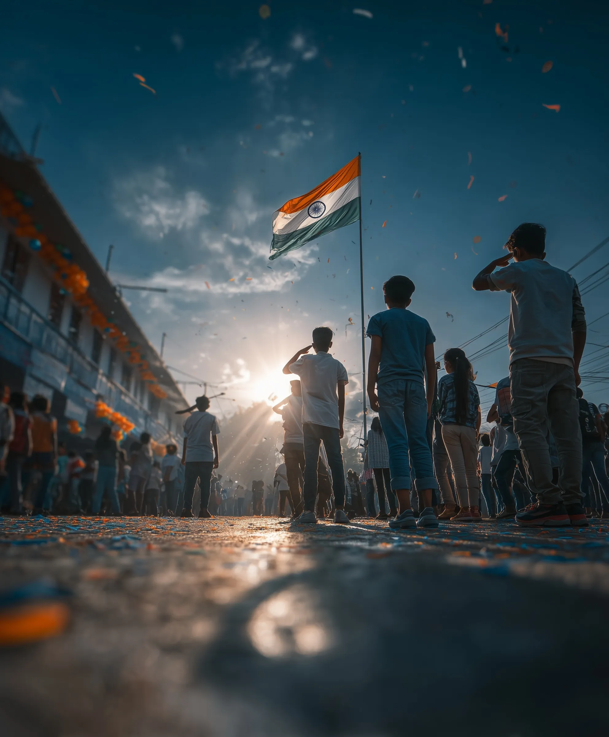 Indian students saluting the national flag during an Independence Day celebration under a clear blue sky.