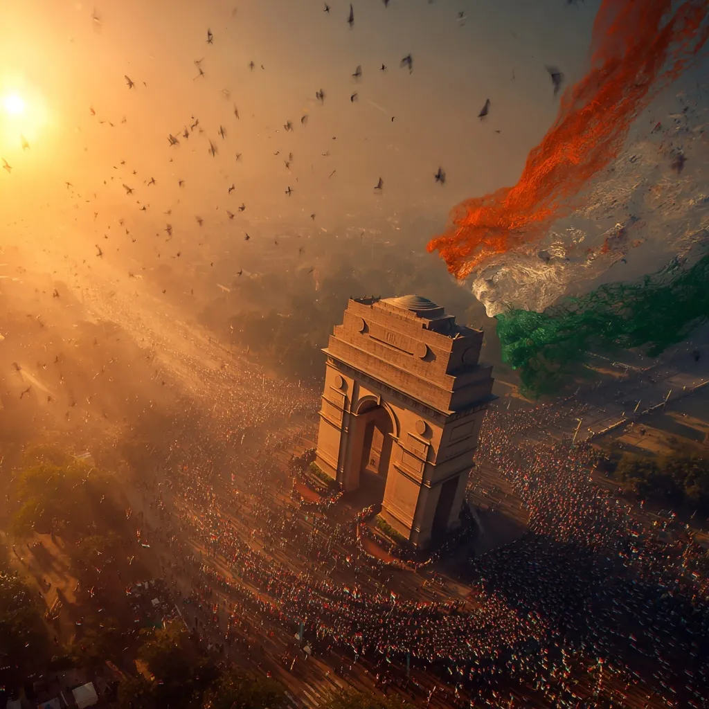 Massive Indian flag waving over India Gate during Republic Day celebrations with golden hour sunlight and crowds.