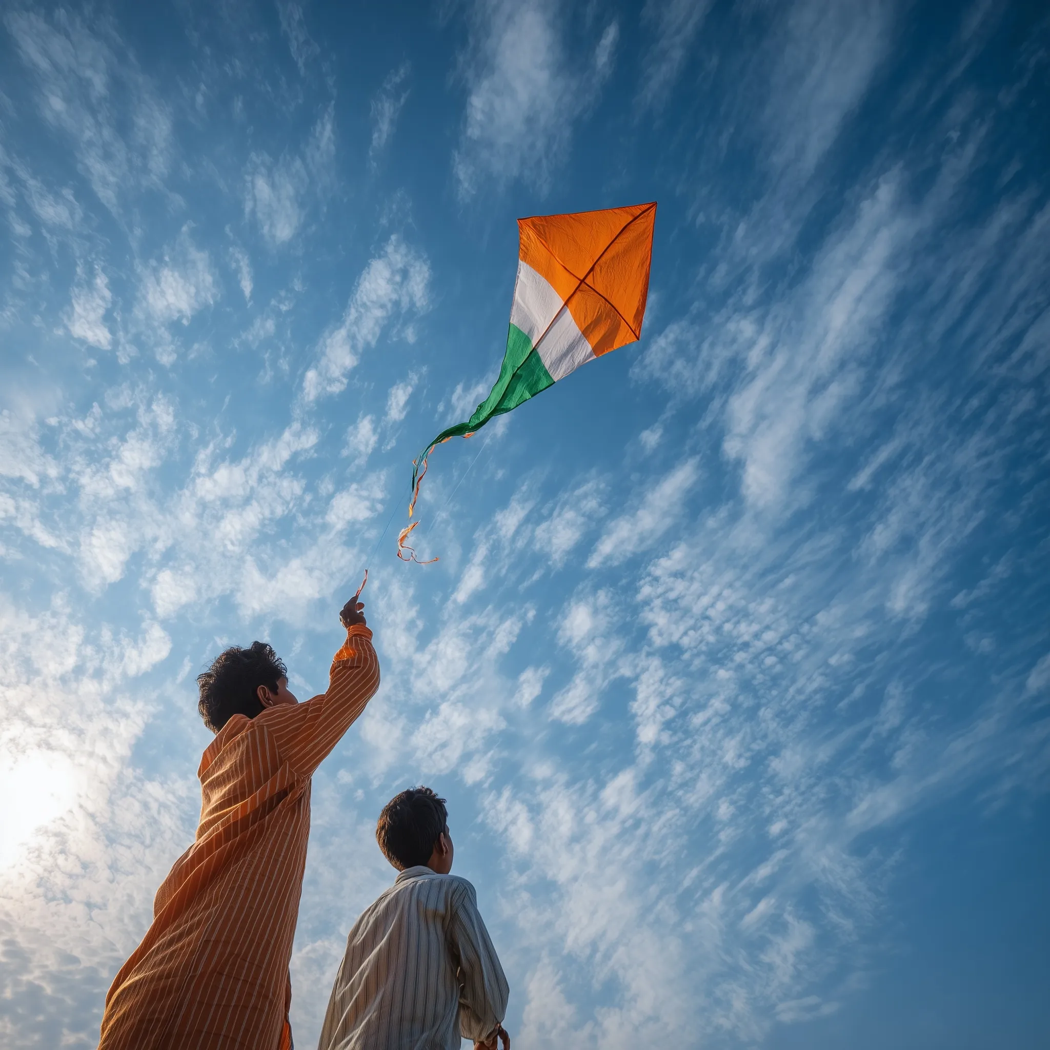 Two people flying an Indian tricolor kite in a bright blue sky, celebrating Independence Day with festive joy.