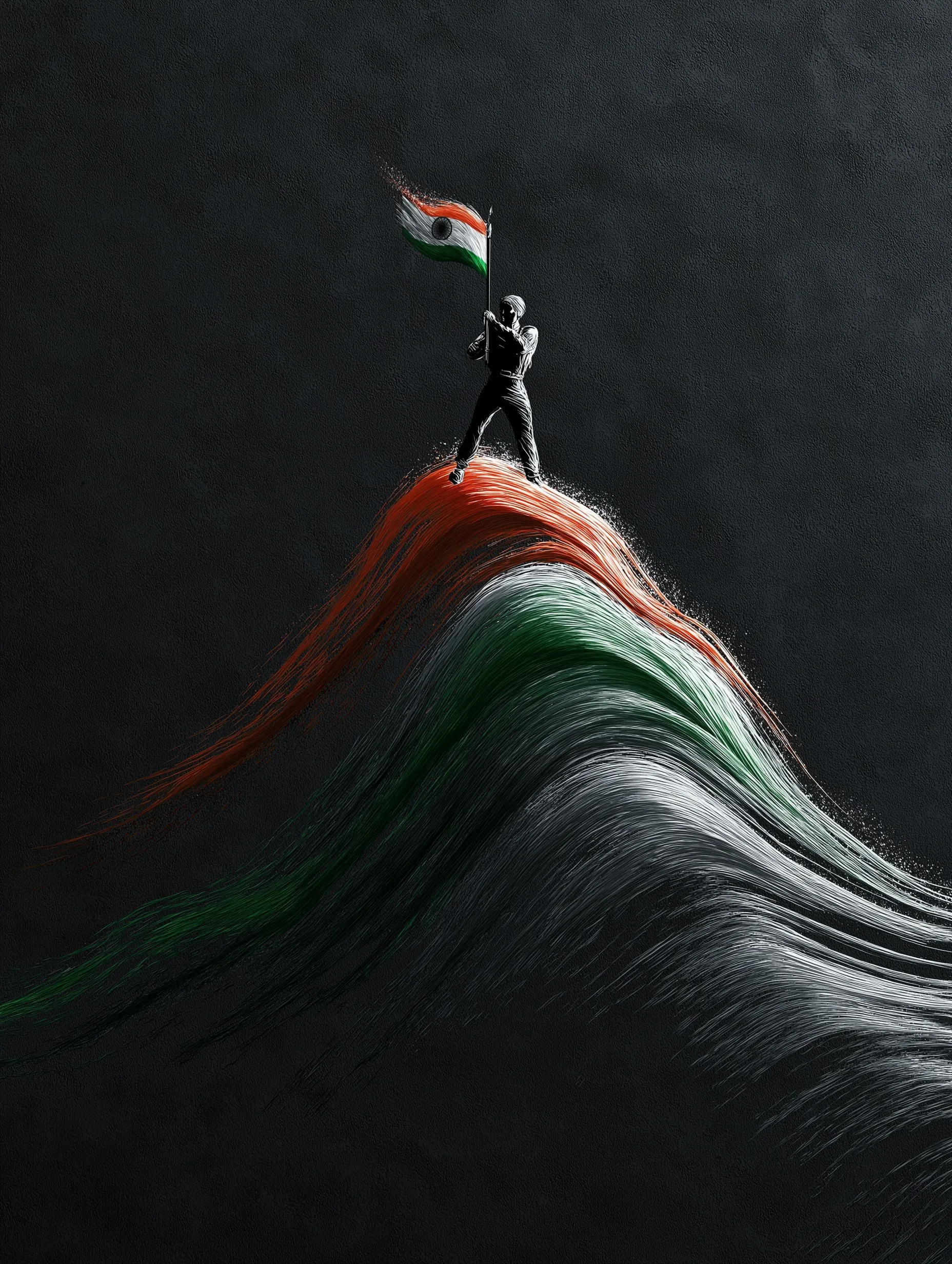 A silhouette of a victorious soldier holding an Indian flag atop a glossy mountain sculpture against a dark background.