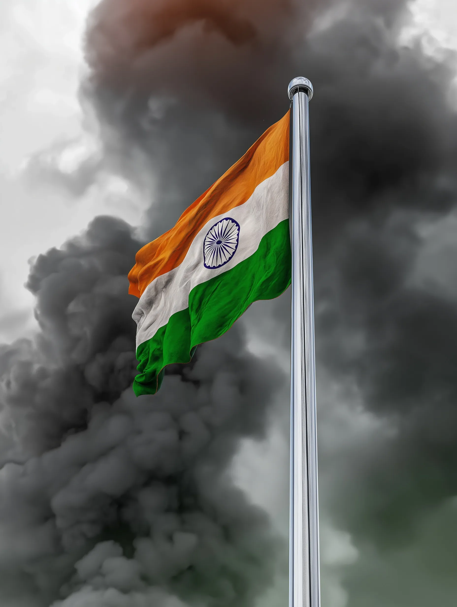 Indian tricolor flag waving on a tall flagpole against a dramatic, smoky sky with patriotic saffron and green clouds.