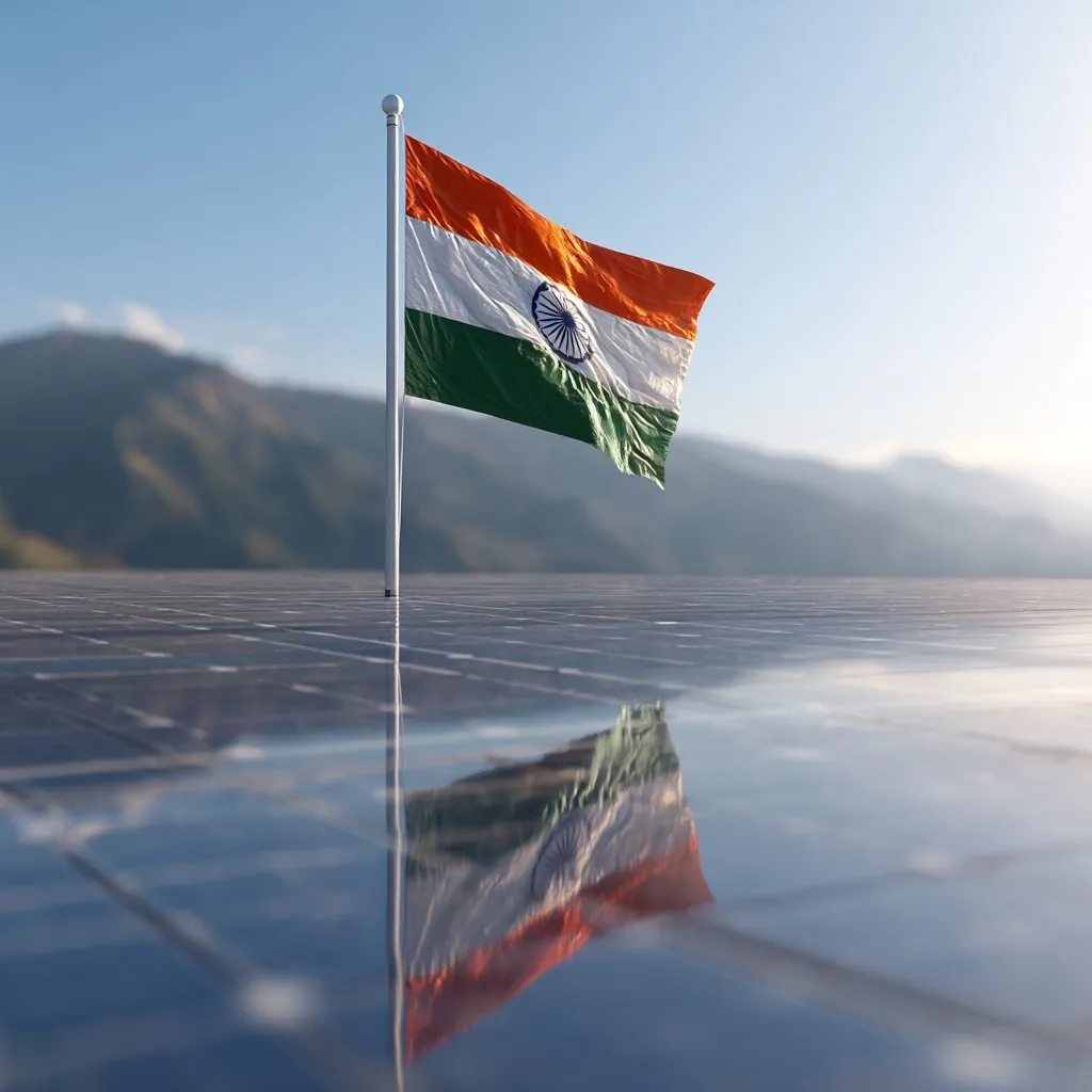 A large Indian national flag waving on a tall pole reflected on a shiny solar panel under a bright sunny sky.