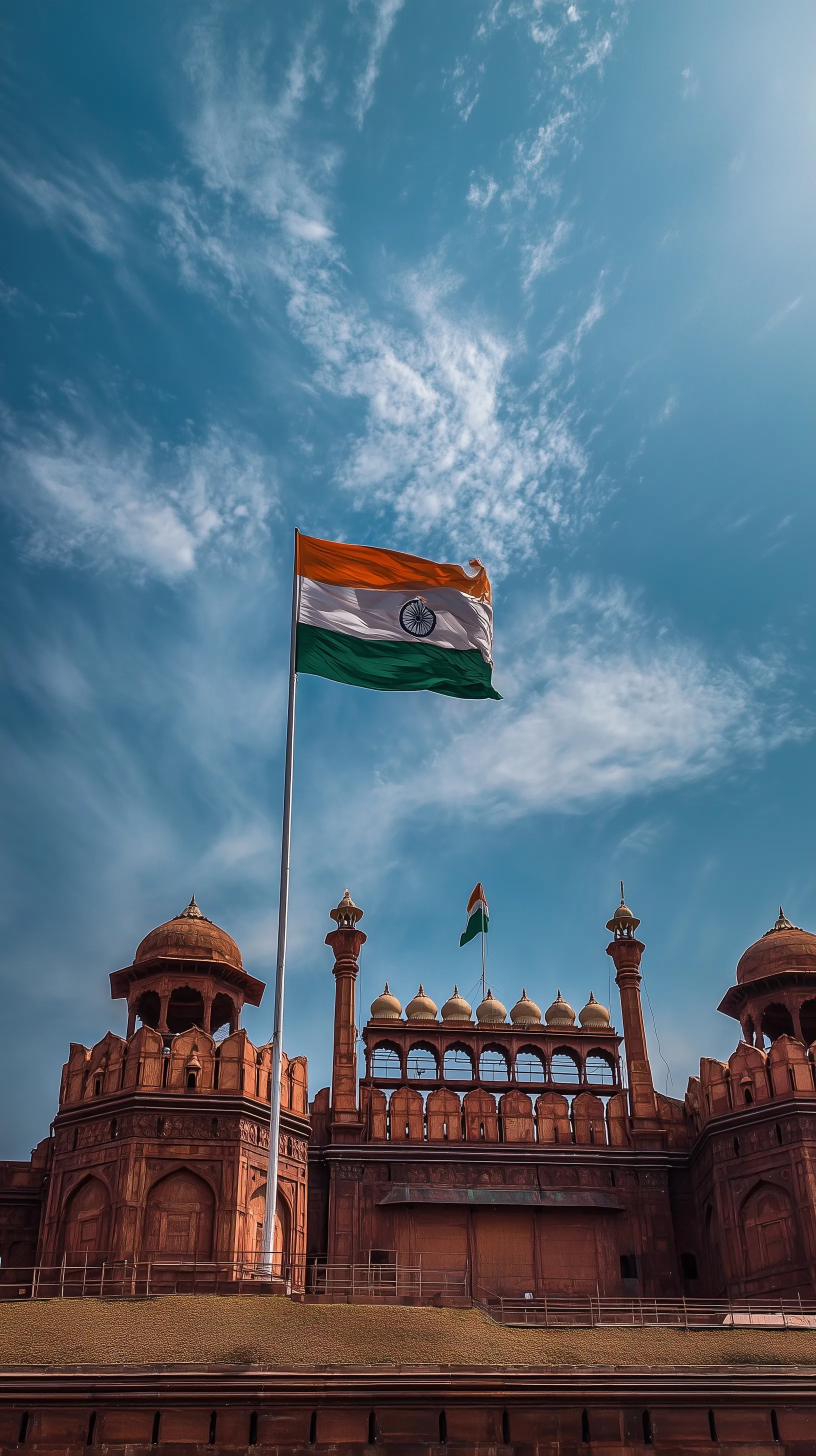 Indian flag hoisted at Red Fort, 1947, fluttering against a vibrant blue sky in a cinematic 8K wide shot.