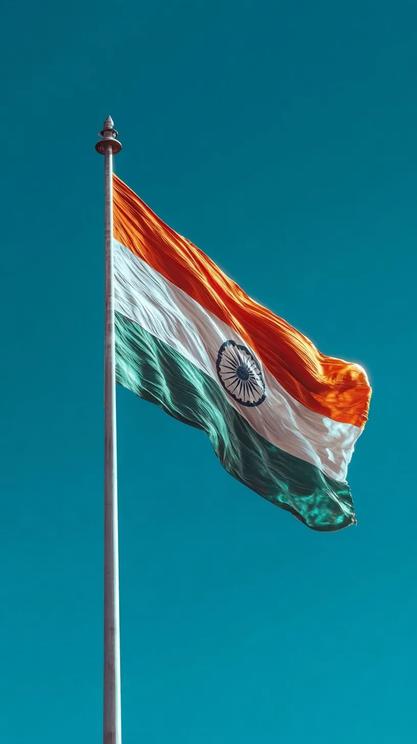 Indian national flag waving on a tall flagpole against a vibrant neon blue sky, hyper-realistic photography.