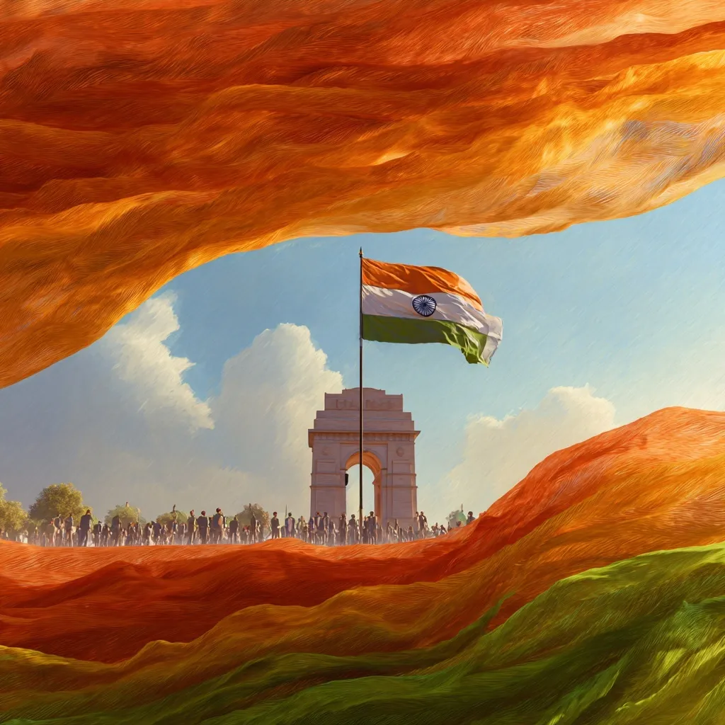 Indian flag waving before India Gate during Republic Day celebration with vibrant sunlight and artistic tricolor.