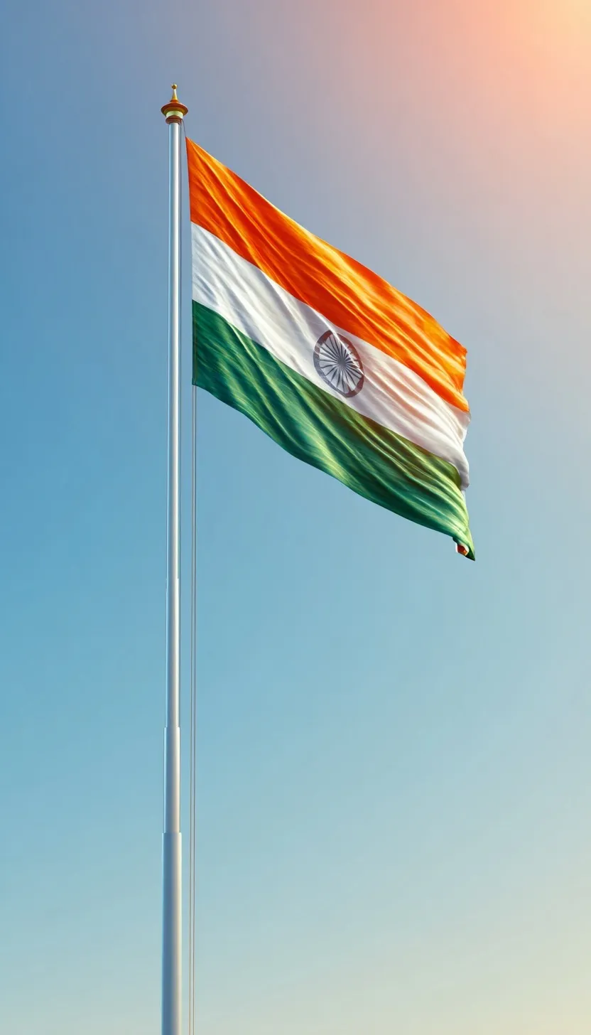 A majestic Indian tricolor flag waving on a tall flagpole against a clear blue sky.