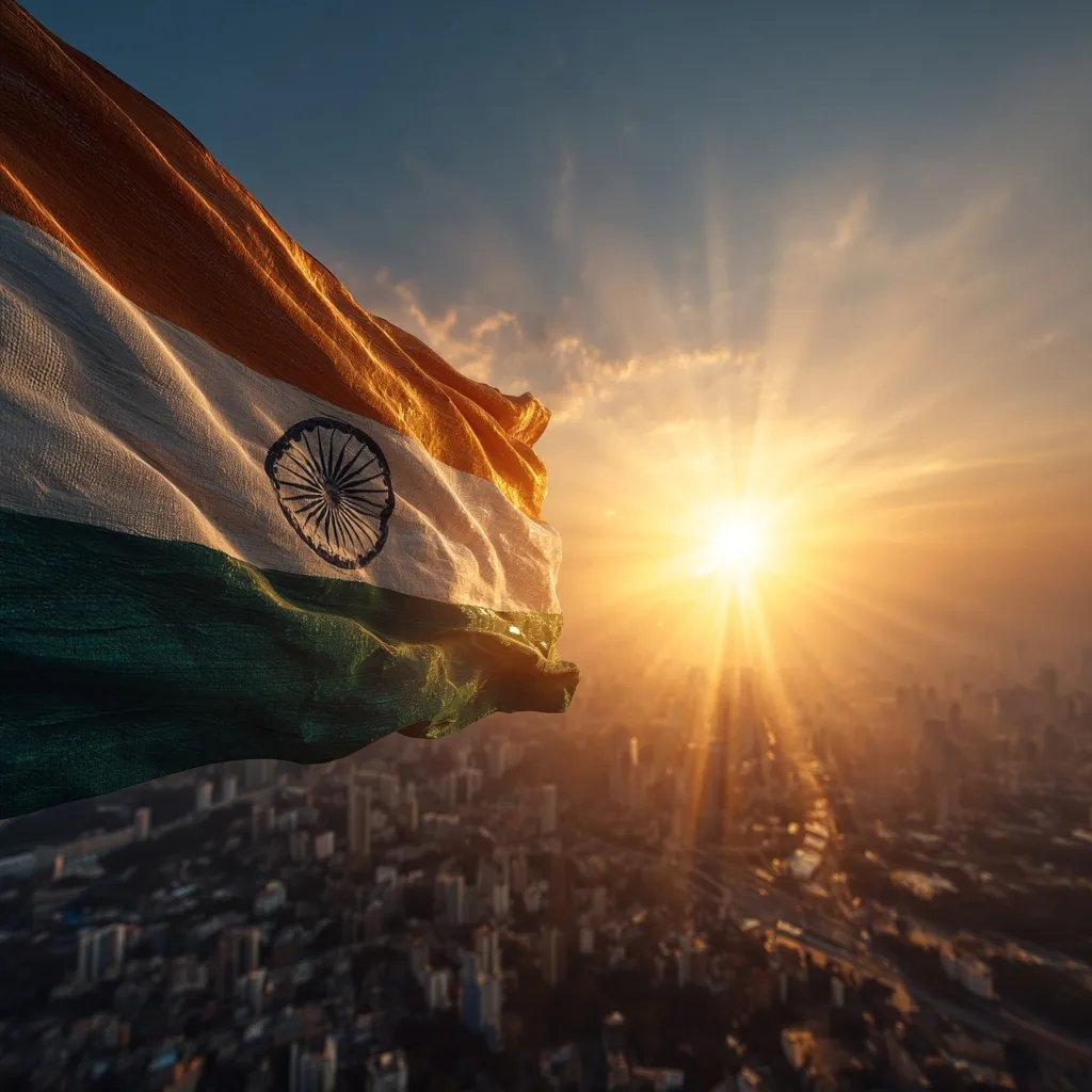 Indian flag fluttering against a sunburst sky over a modern cityscape, symbolizing growth and independence.