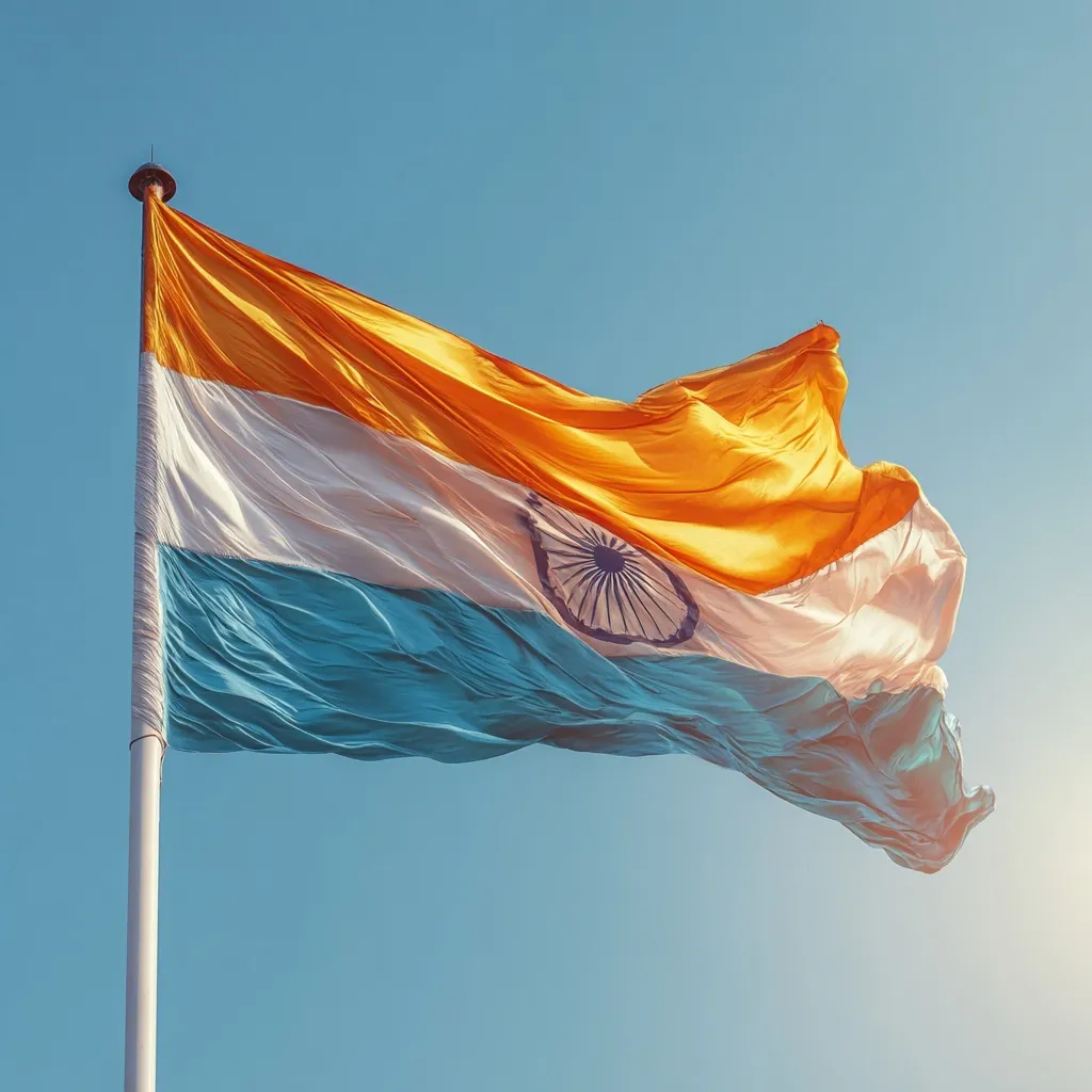 A giant Indian flag waving against a vibrant blue sky in a cinematic, low-angle shot.