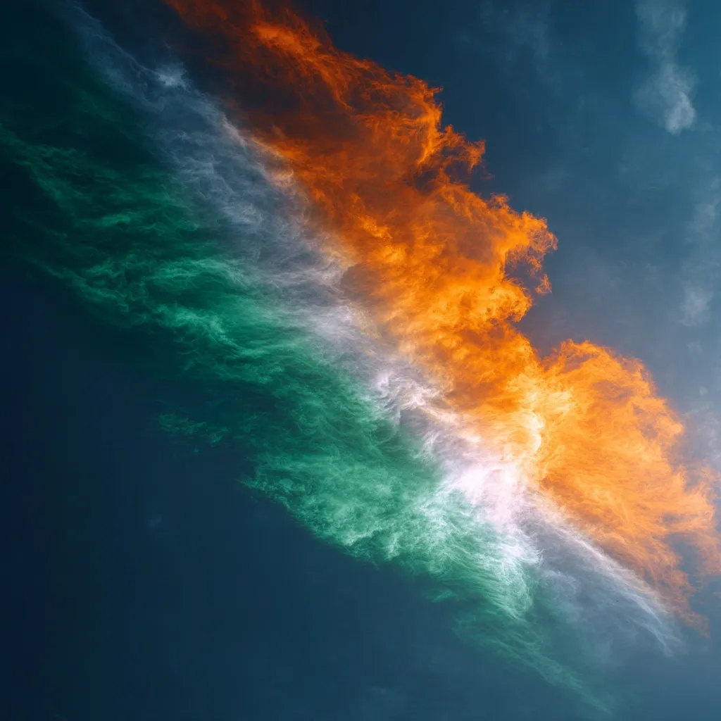 A cinematic, highly detailed Indian flag glowing with vibrant saffron, white, and green colors in the sky.