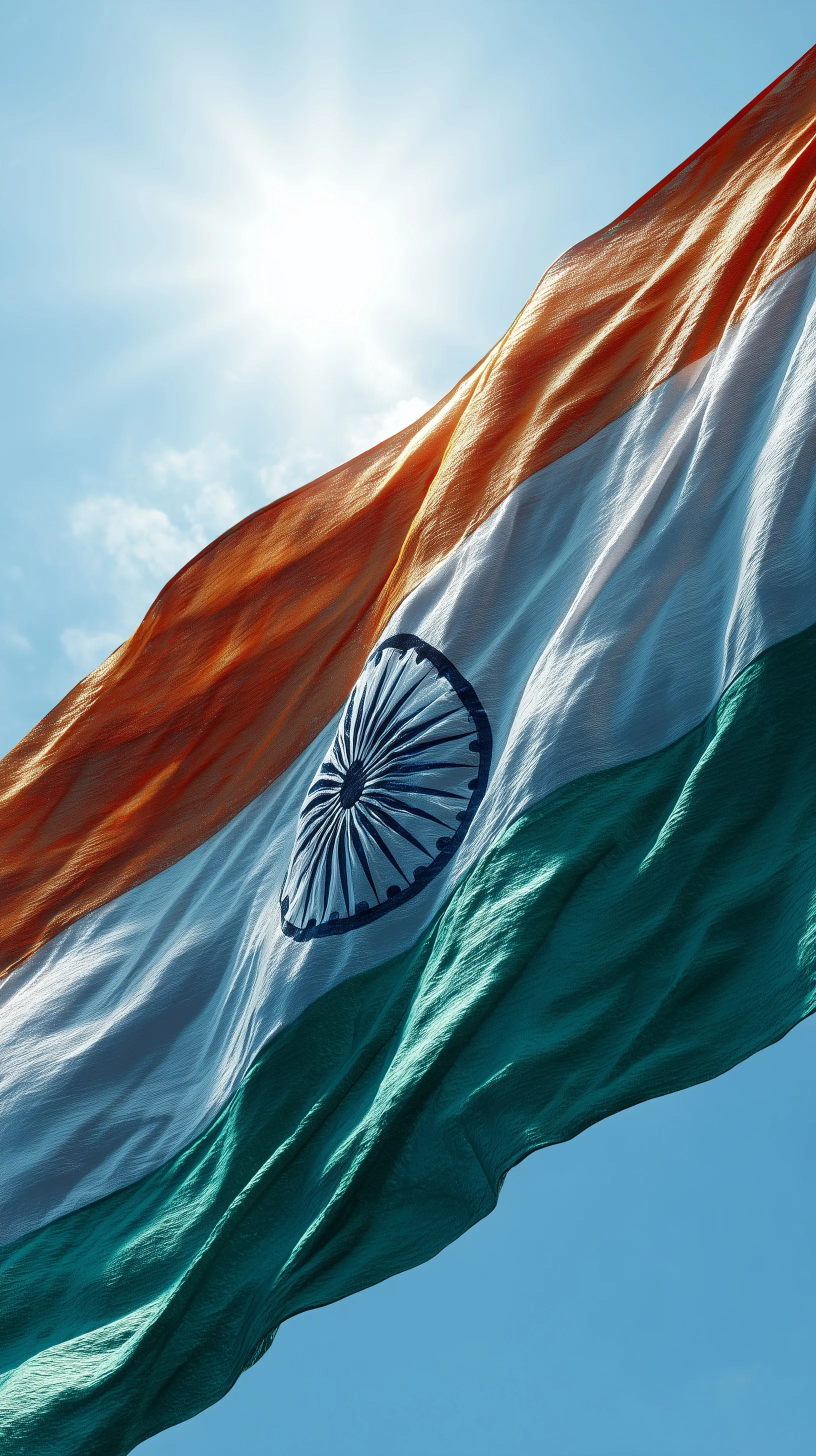 Realistic Indian flag waving against a bright blue sky with sunlight filtering through the fabric texture.