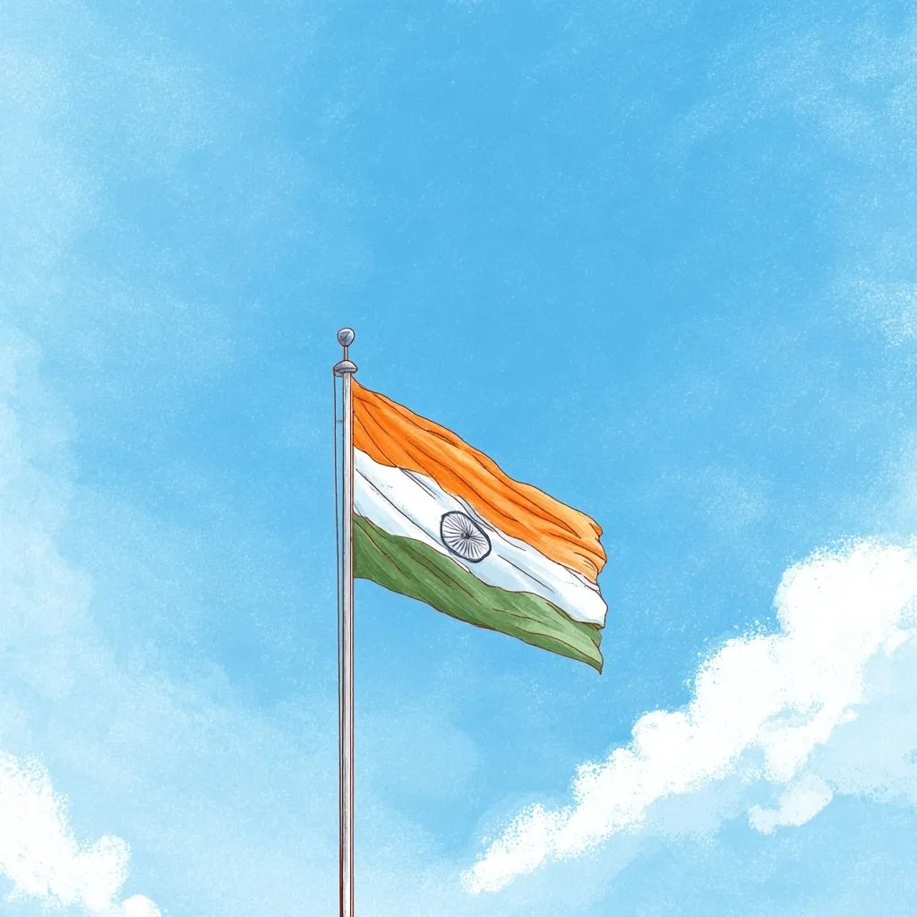 A simple illustration of the Indian national flag waving high against a bright blue sky.