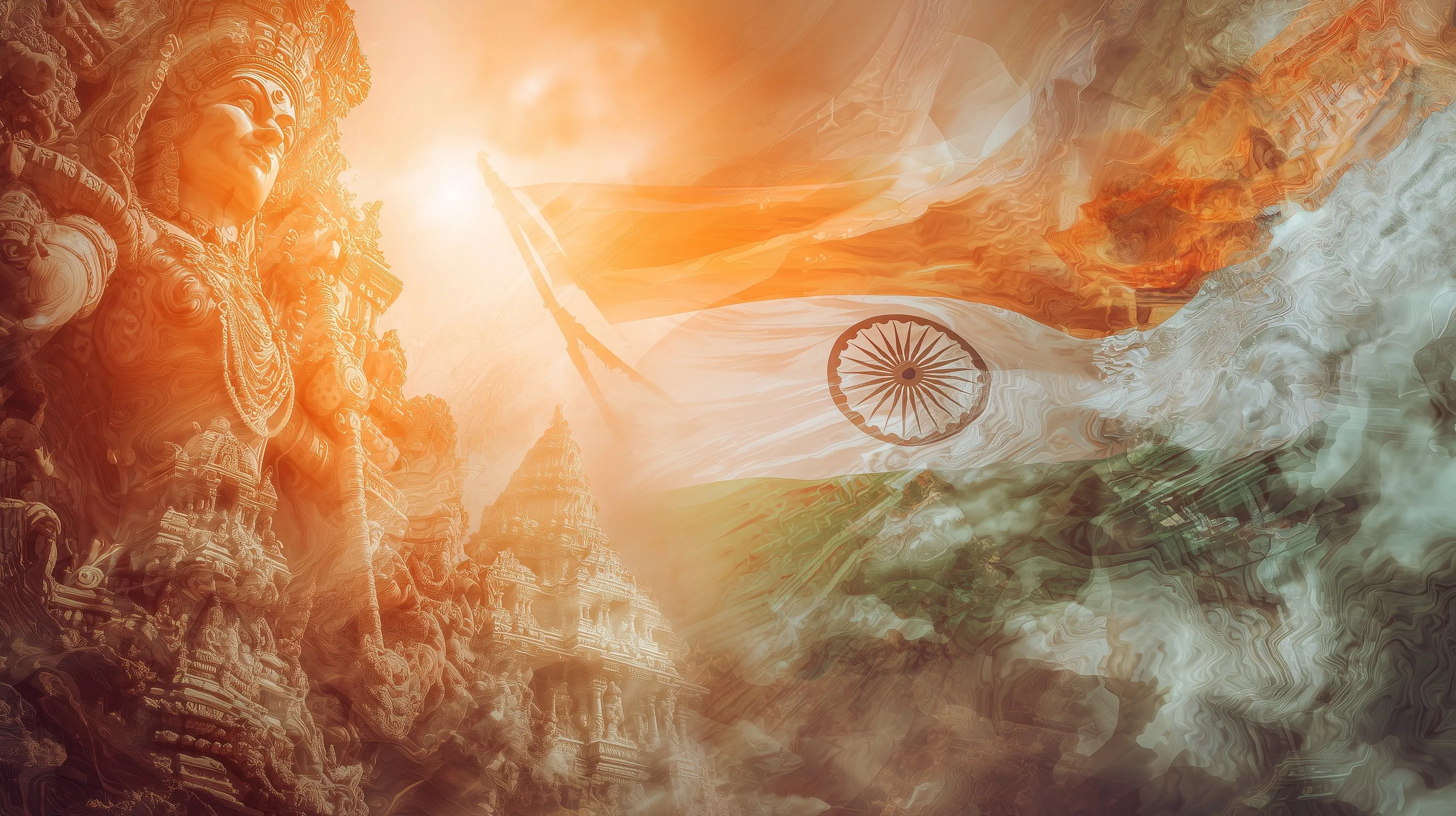 Indian flag waving in the sky with artistic Indian mythology sculptures and vibrant tricolor theme for Independence Day.