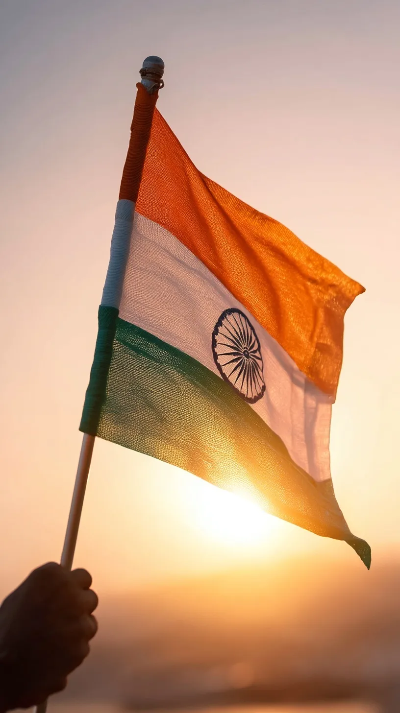 Anime-style Goku holding the Indian flag on a flagpole against a dramatic, glowing sunset sky.