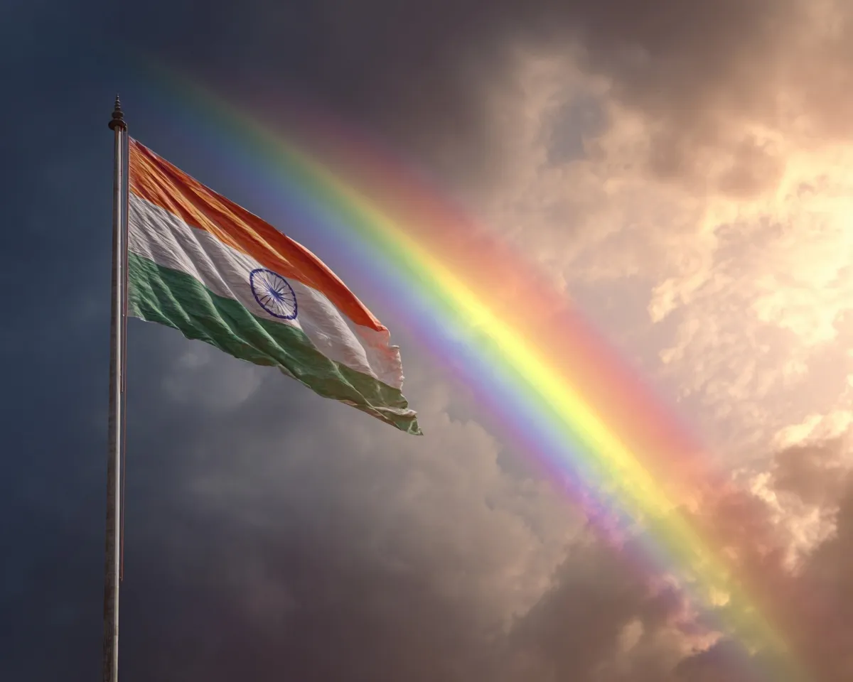 Indian flag waving proudly against a bright sky with a beautiful rainbow in the background.