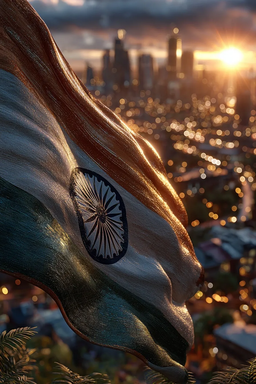 Indian national flag flying over a modern city skyline during golden hour with cinematic volumetric lighting.