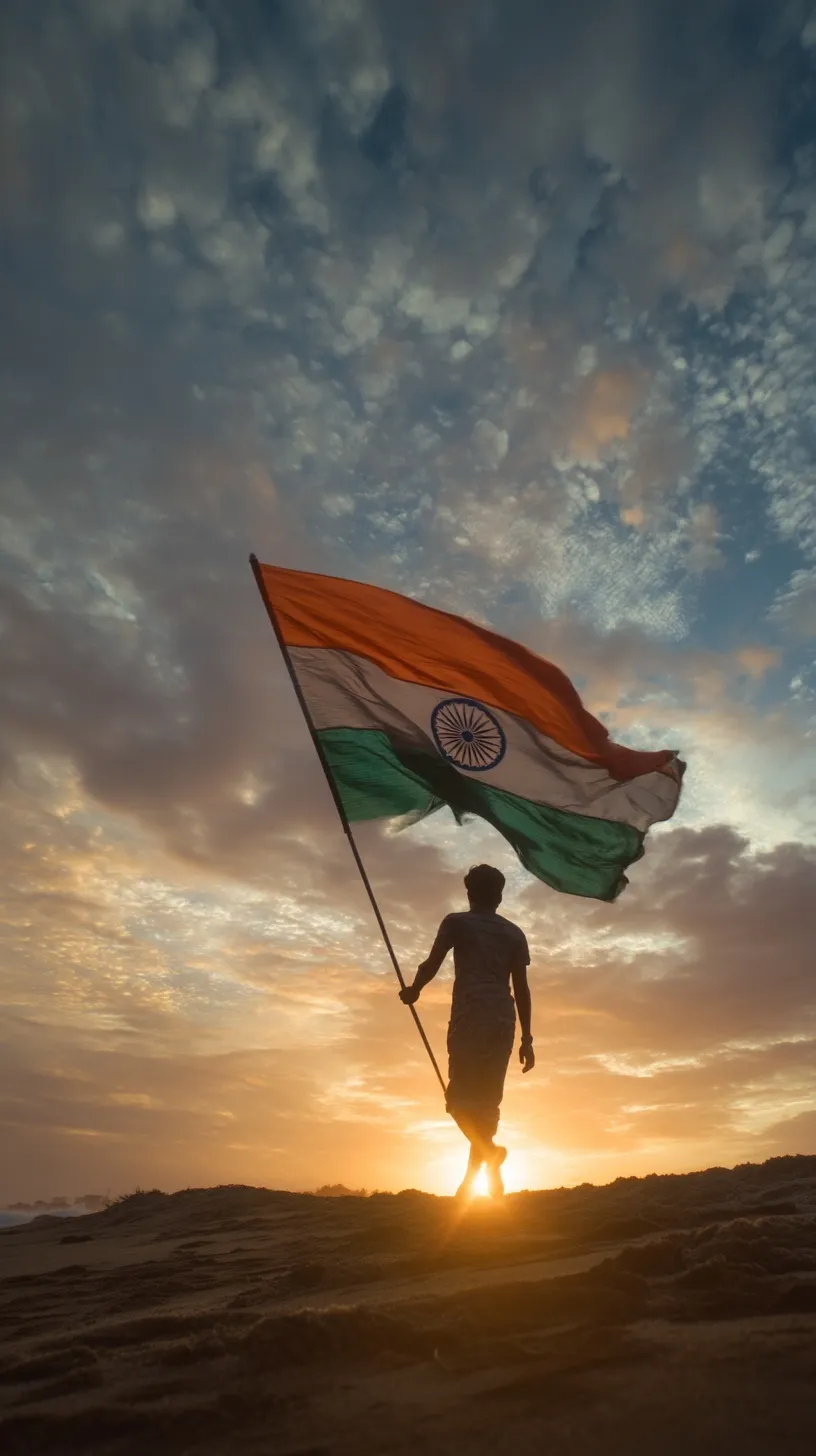 A person diving at Chennai Marina Beach holding the Indian tricolor flag against a bright, sunny sky.