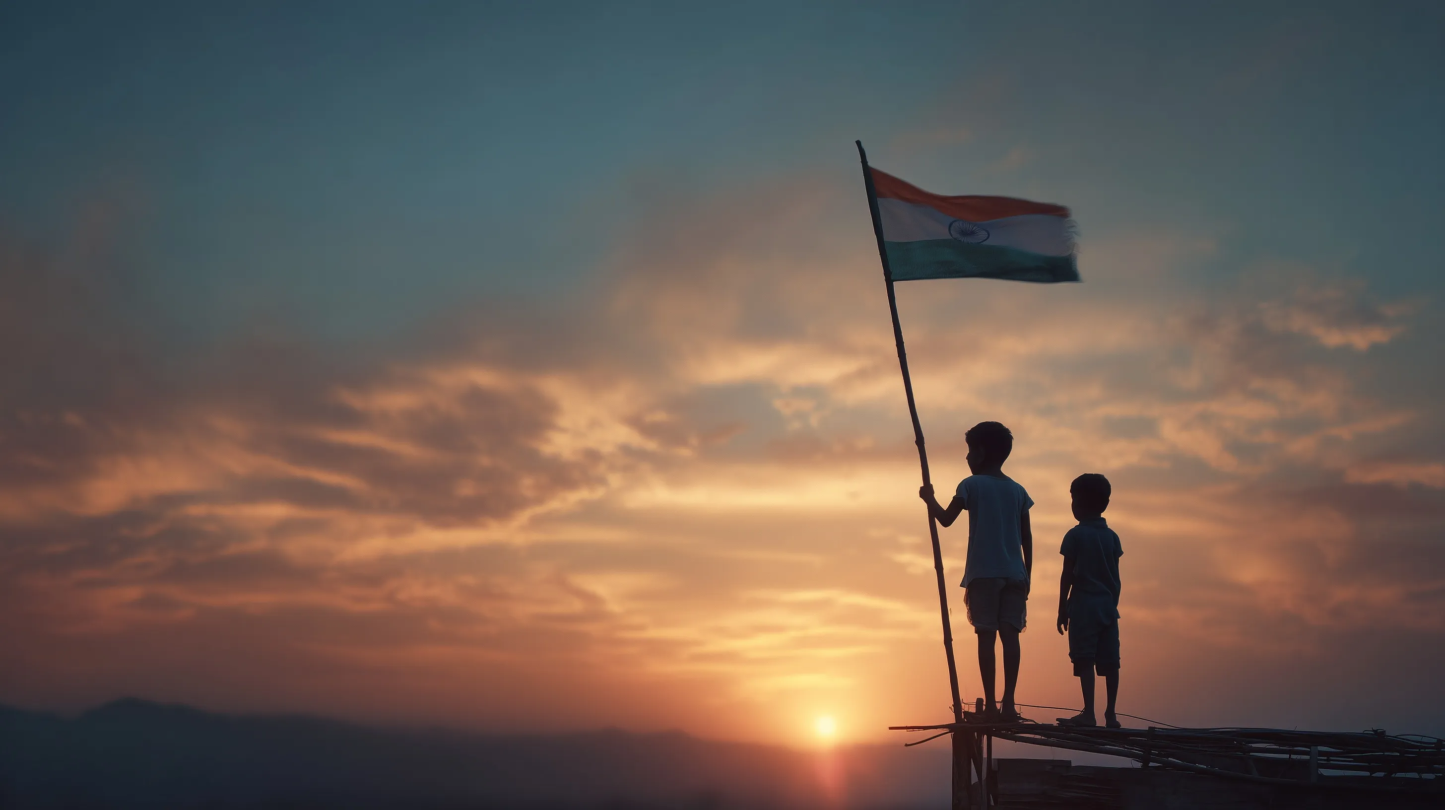 Two young Indian brothers standing on tiptoes holding a giant Indian flag against a sunset sky.