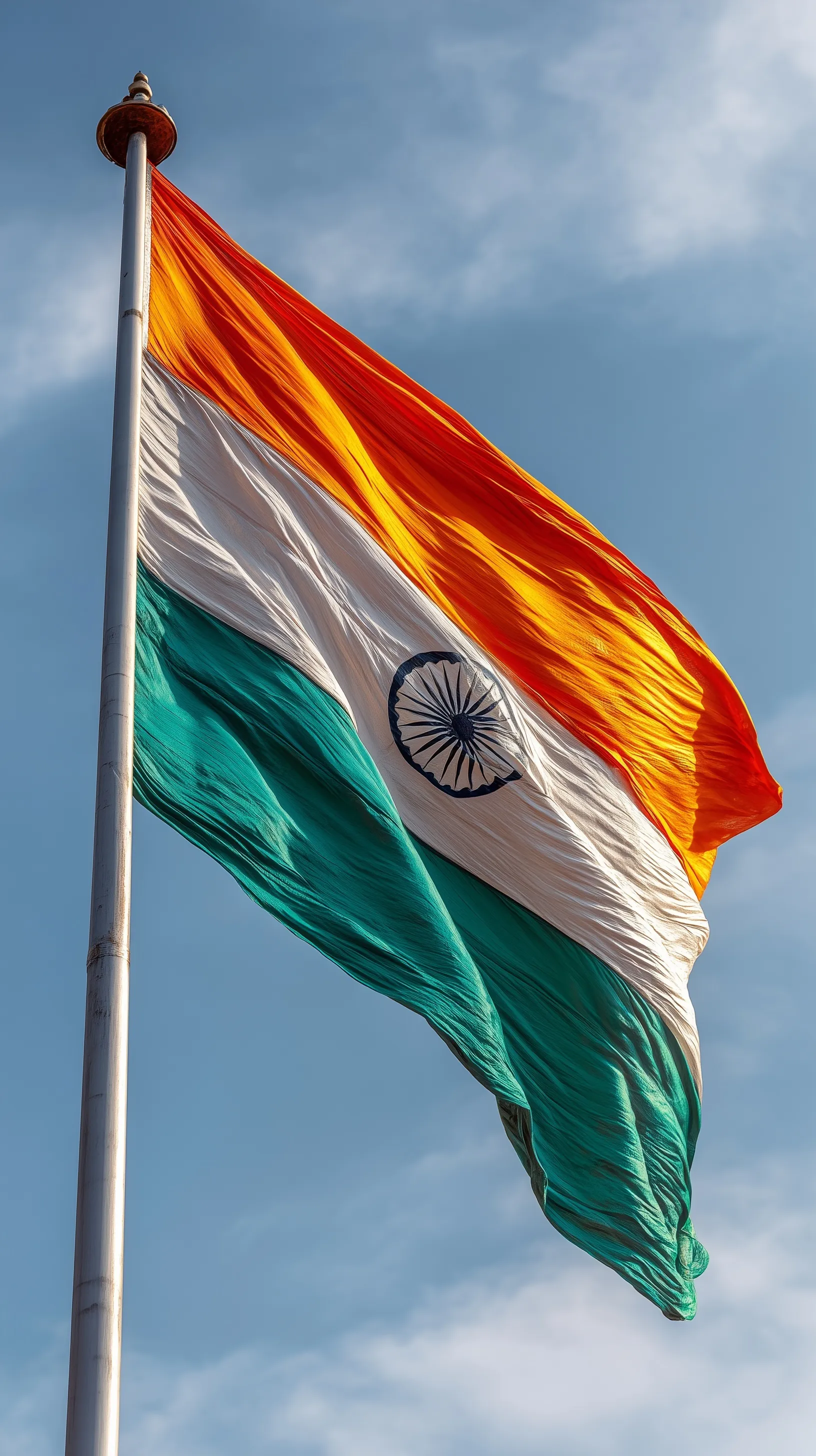 Close-up of Indian national flag fluttering in the wind against a clear blue sky, showing detailed fabric texture.