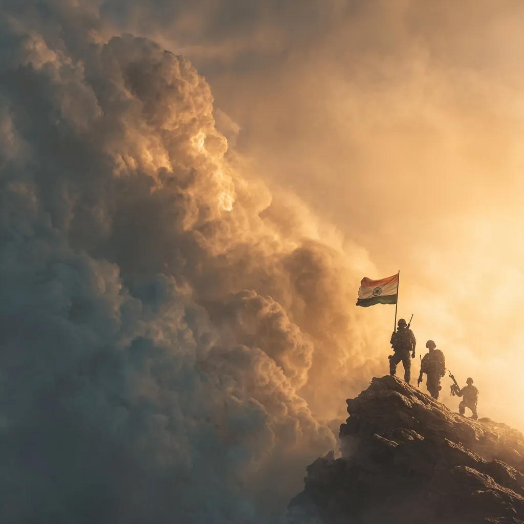 Indian soldiers standing on a mountain peak raising the national flag against a dramatic golden sunrise sky.