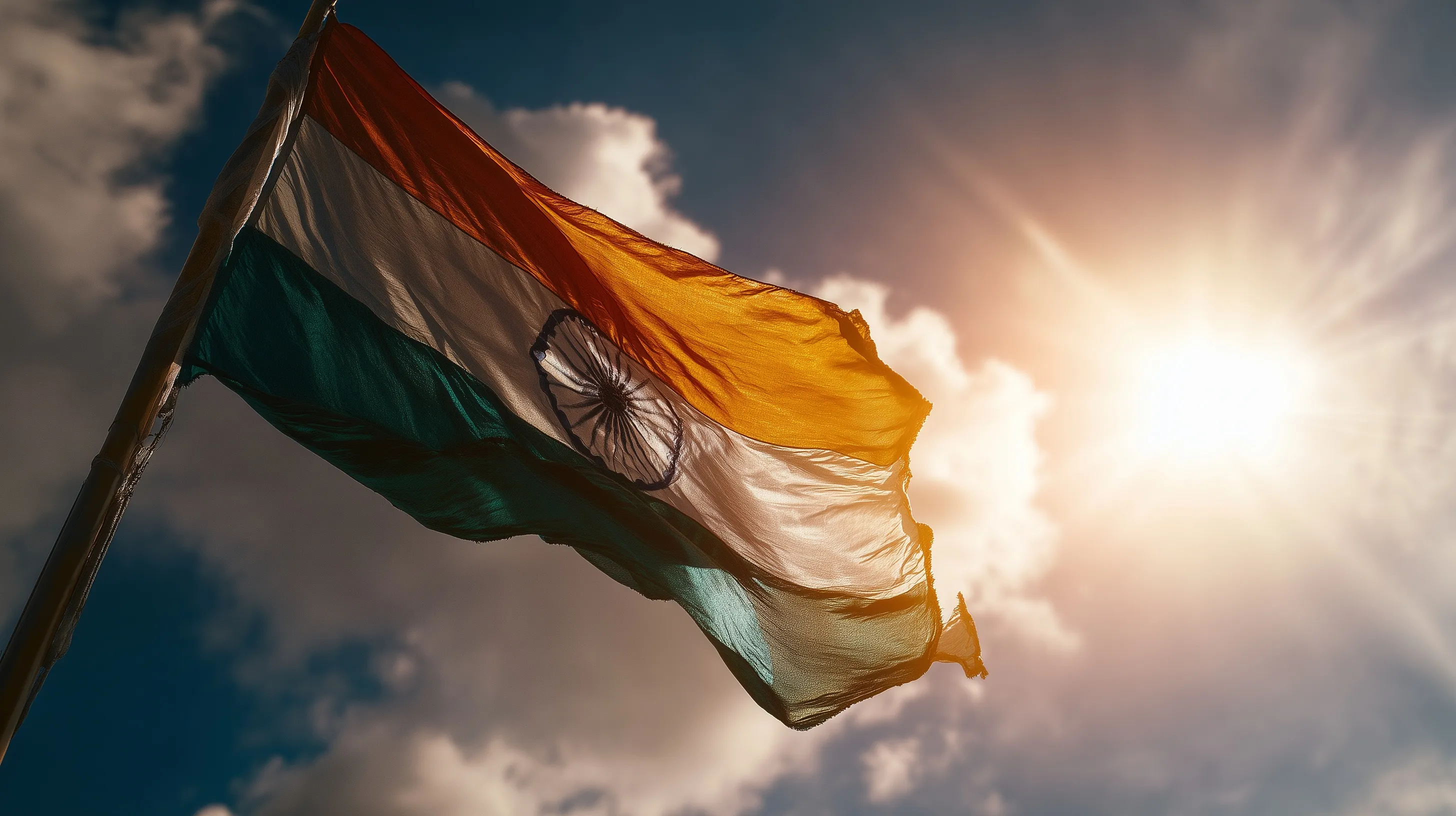 Indian tricolor flag waving against a dramatic sky in cinematic slow-motion lighting.