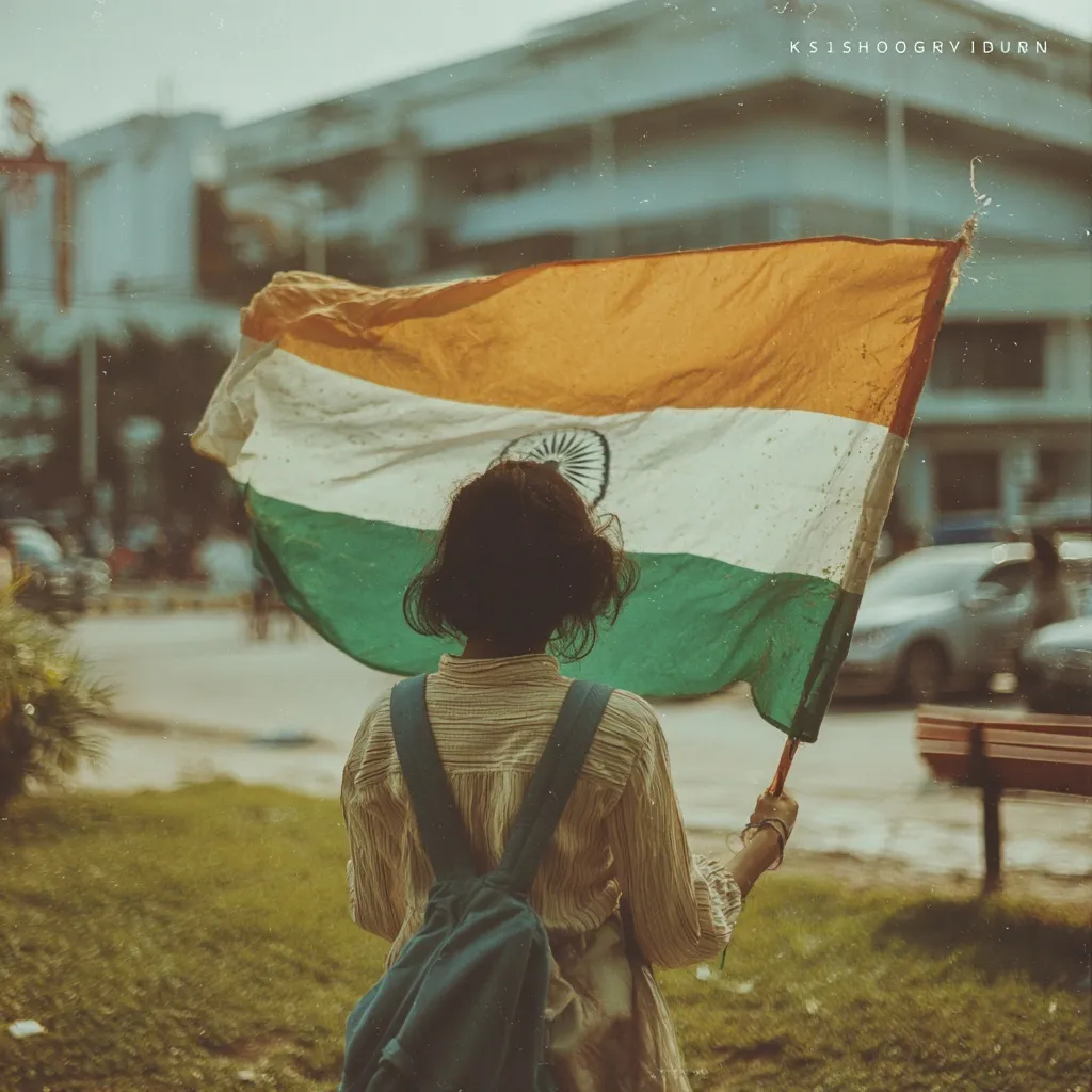 A 90s vintage film photo of a student holding an Indian flag in front of a university campus.