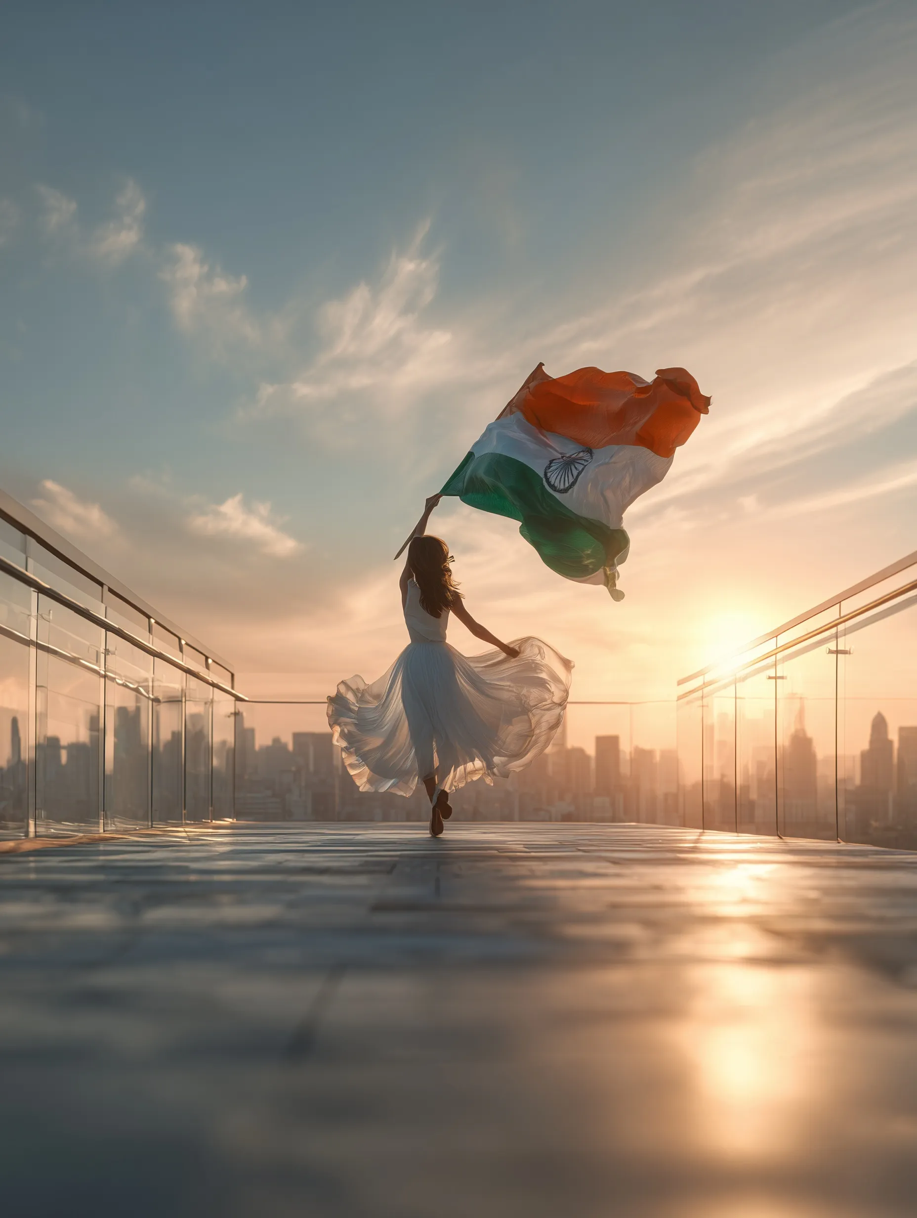 A girl in a white dress runs on a rooftop at sunset, waving a large Indian flag against a golden city skyline.
