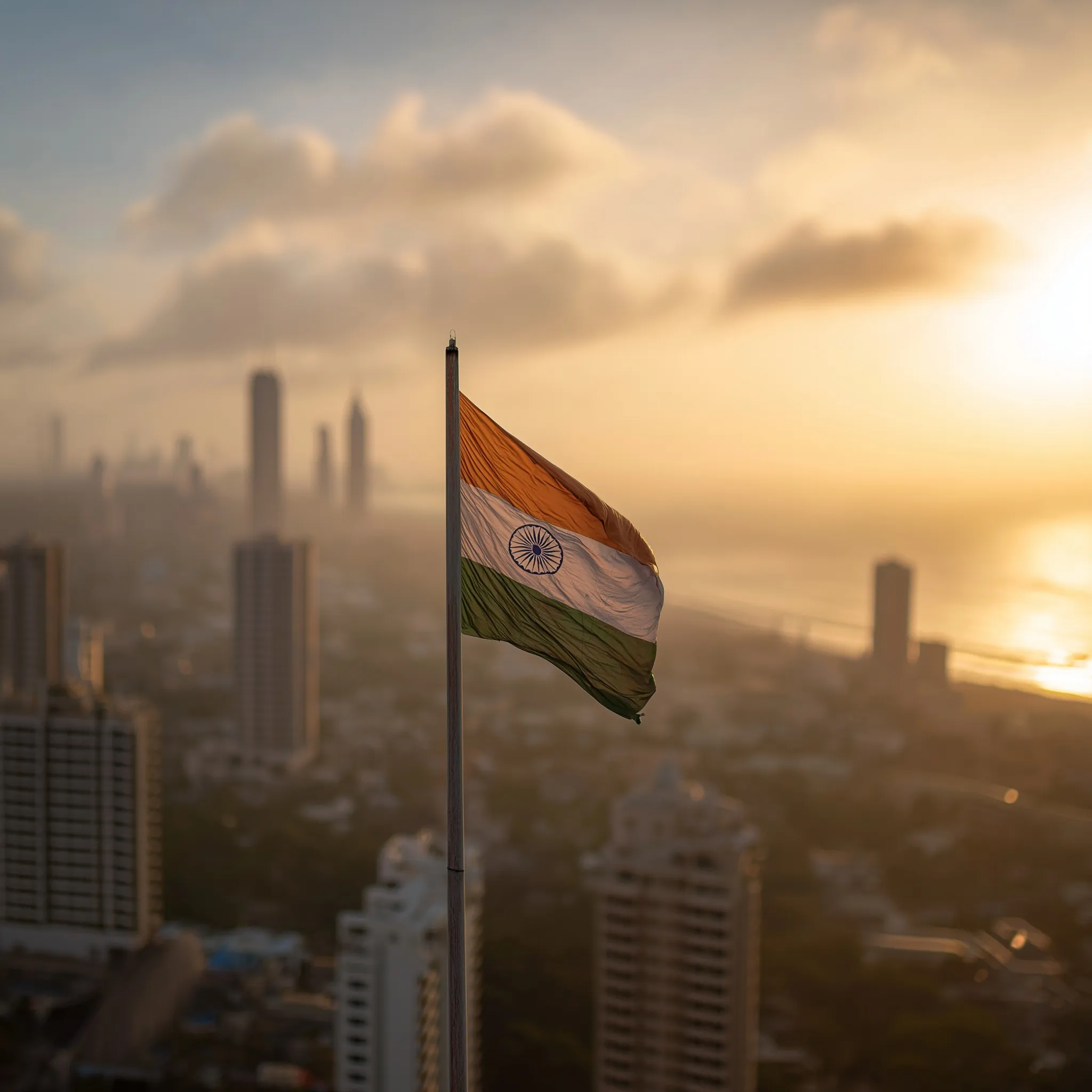 Indian national flag flying high over the Mumbai skyline during golden hour with a cinematic, patriotic atmosphere.