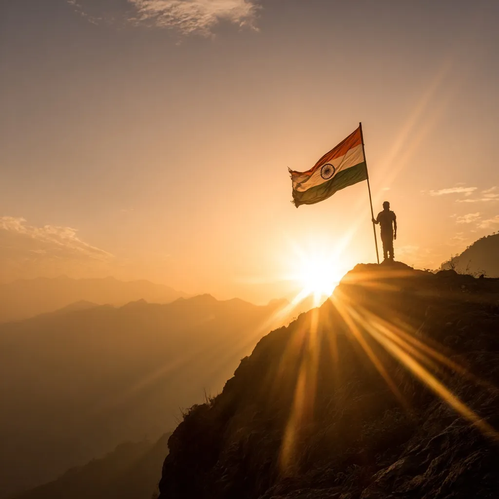 A silhouetted person standing on a mountain peak waving the Indian national flag against a dramatic golden sunrise.
