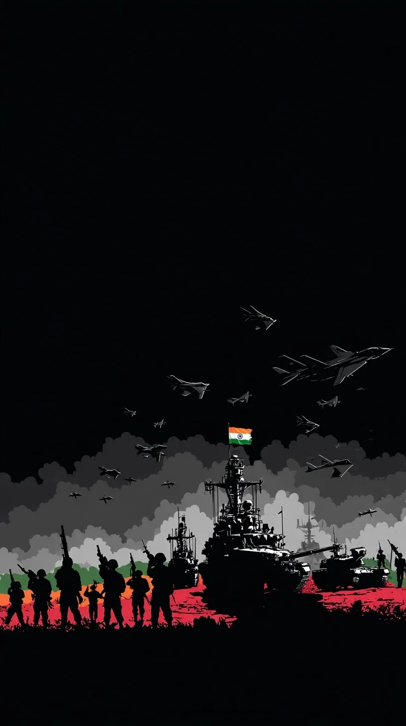 Silhouette of Indian soldiers, tanks, jets, and warships with a waving Indian flag on a dramatic black background.