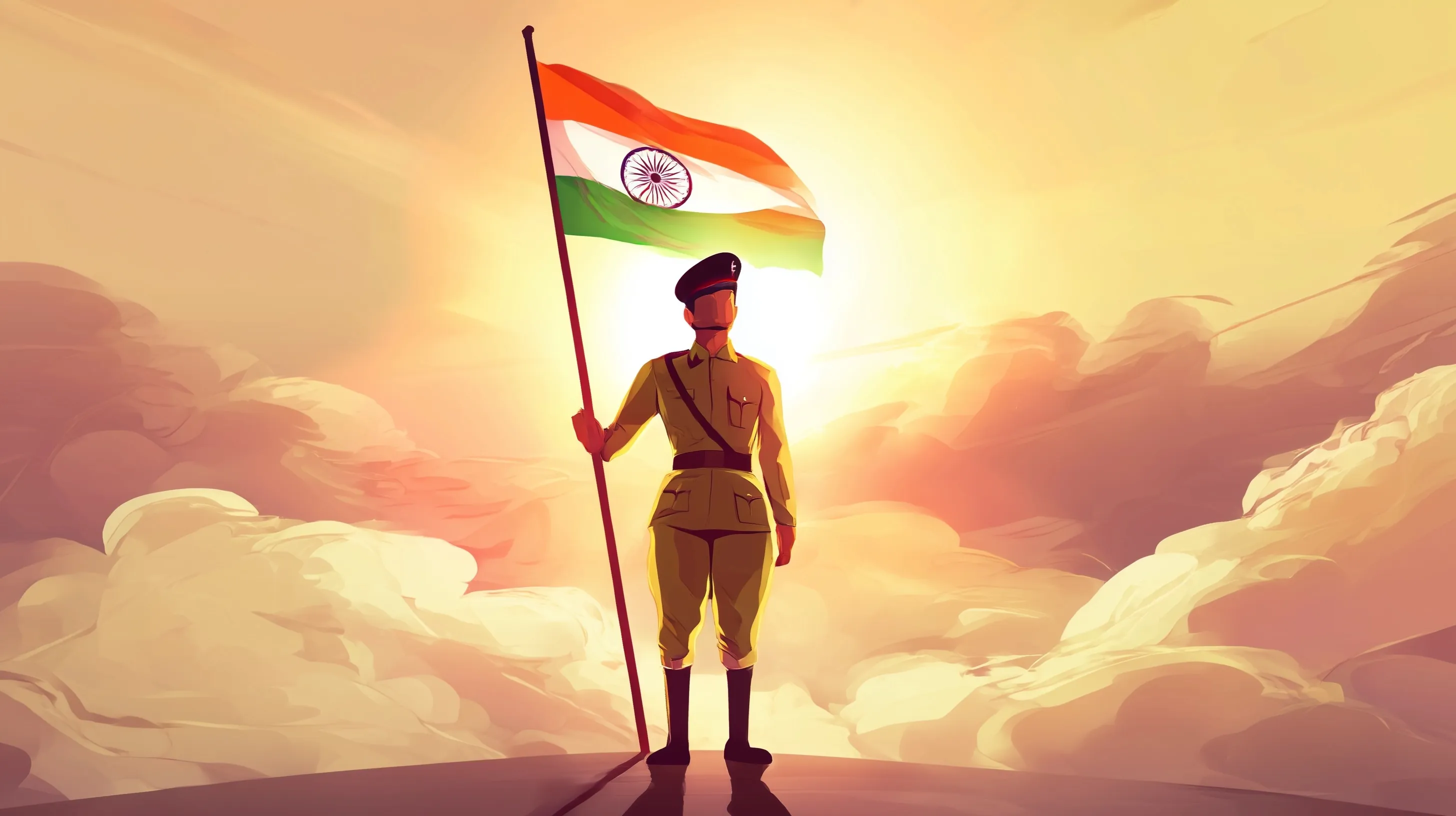 Digital illustration of an Indian soldier standing before a waving Indian flag under a glowing, cloudy sky.