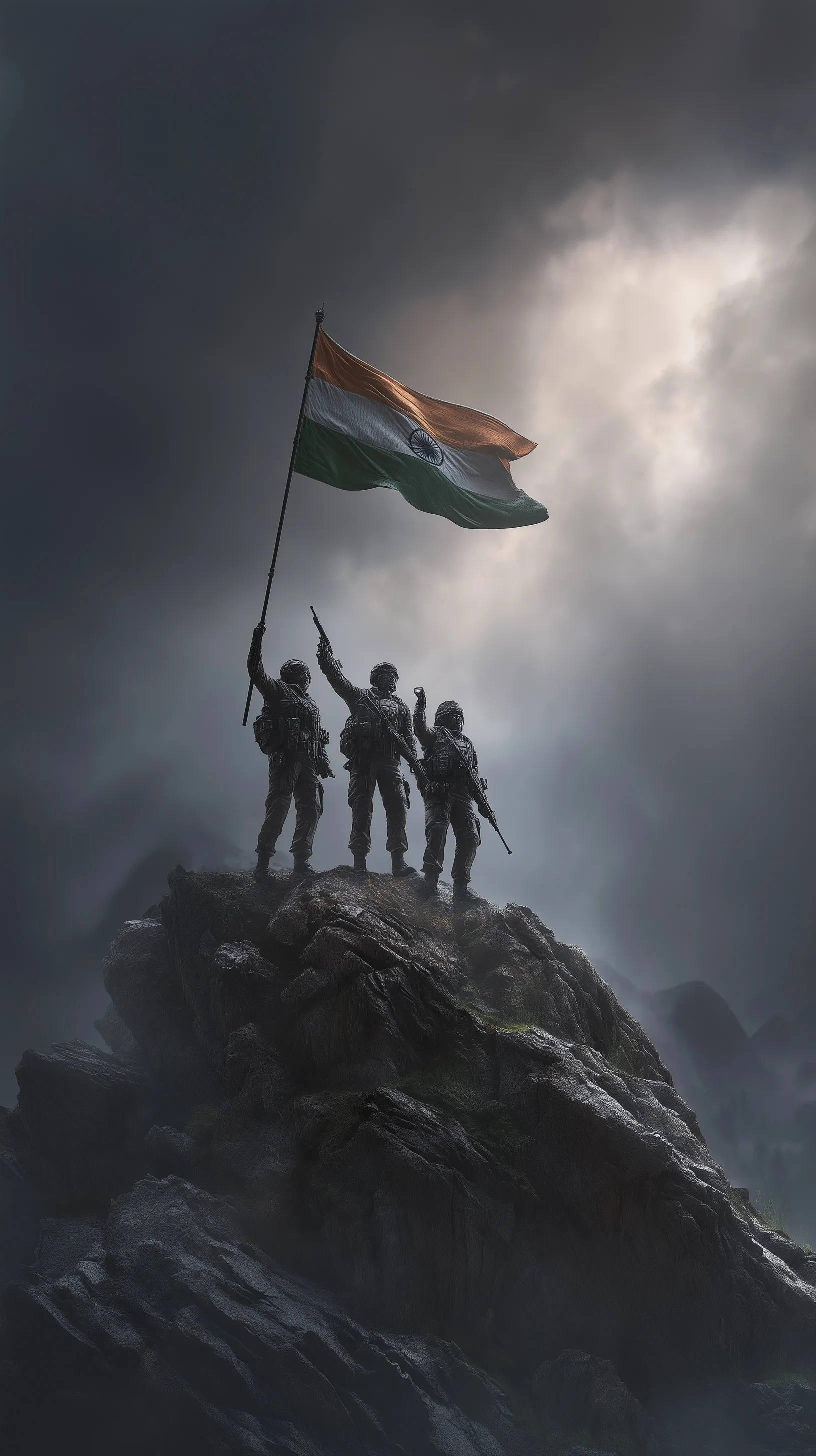 Indian soldiers holding a tricolor flag on a mountain peak during a dark, cinematic war scene.