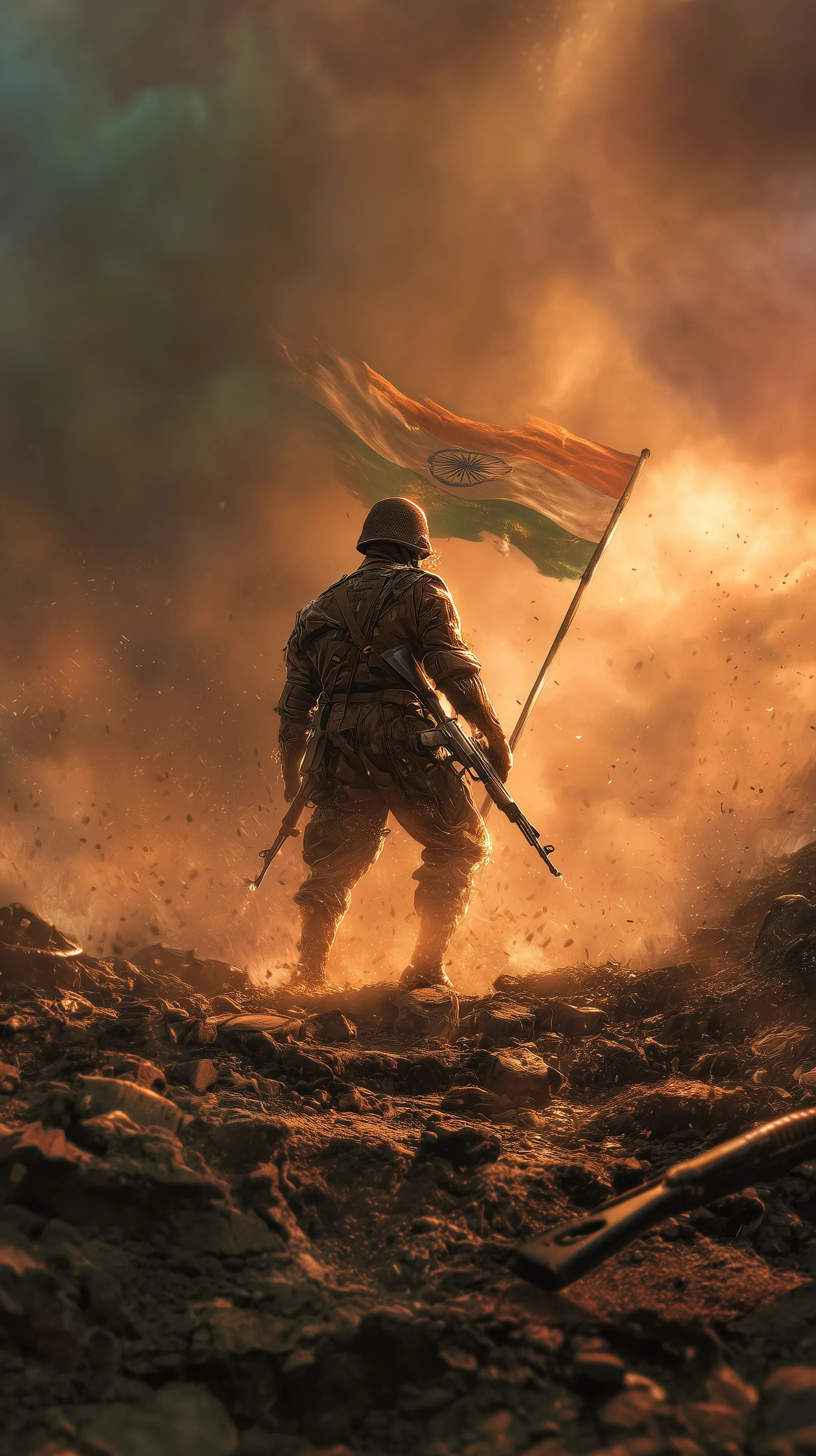 Indian soldier standing with the Tiranga flag in a dramatic, cinematic battlefield with storm clouds and firelight.