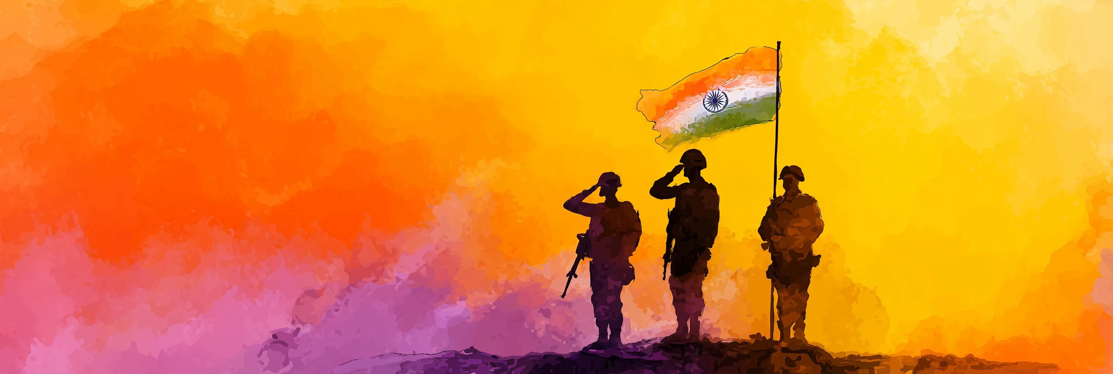 Watercolor painting of soldiers saluting with the Indian flag to honor Kargil War heroes on a yellow gradient background.