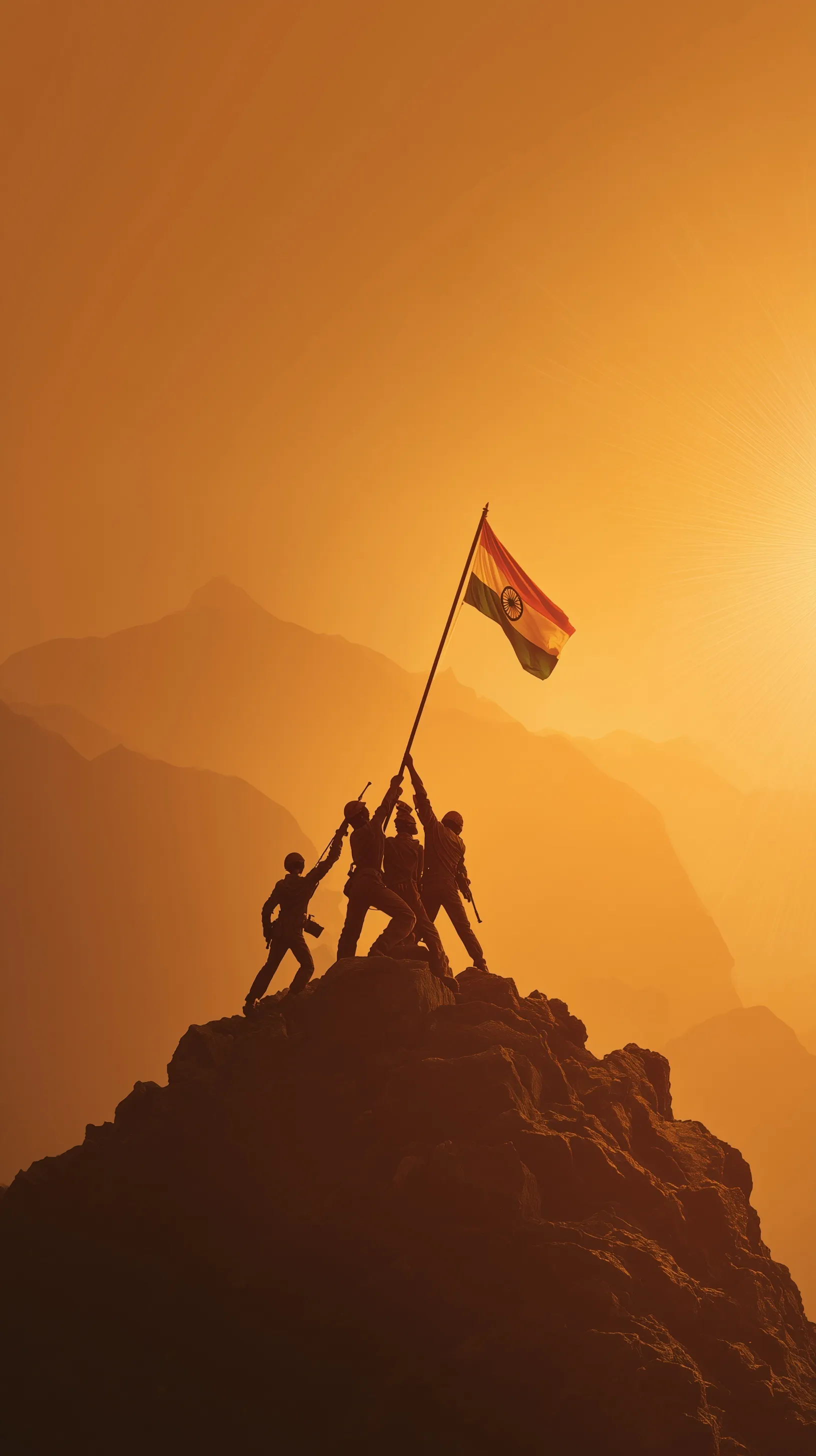 Silhouettes of Indian soldiers hoisting the tricolor flag on a rocky mountain peak during a golden sunrise.