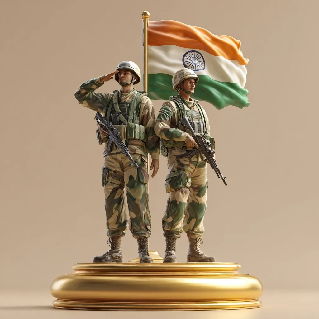 Two Indian soldiers in military uniform saluting the Indian national flag on a golden pedestal.