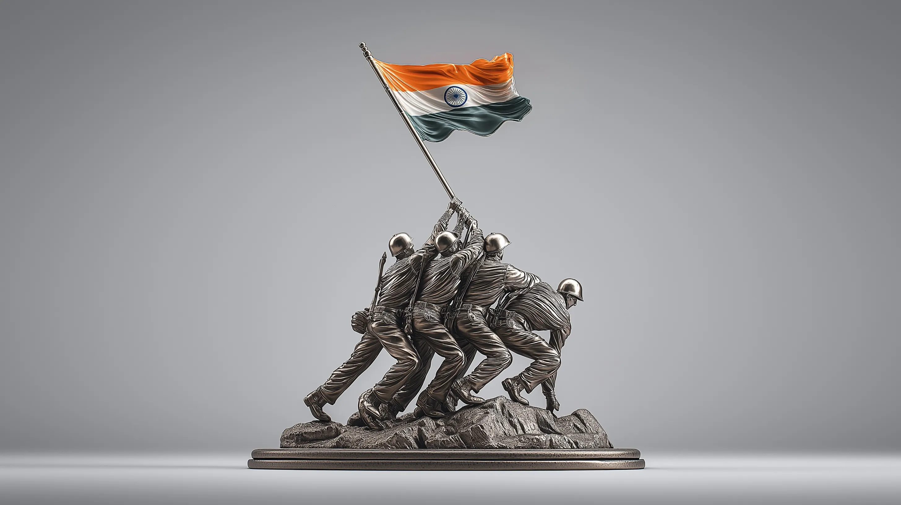 Steel sculpture of four soldiers raising the Indian national flag, symbolizing patriotism and unity.
