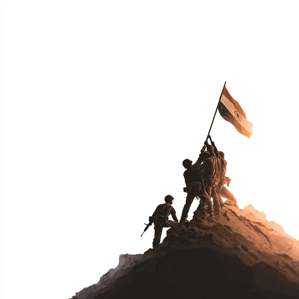 Silhouettes of Indian soldiers hoisting the tricolor Indian flag on a mountain peak at sunrise, minimalist style.